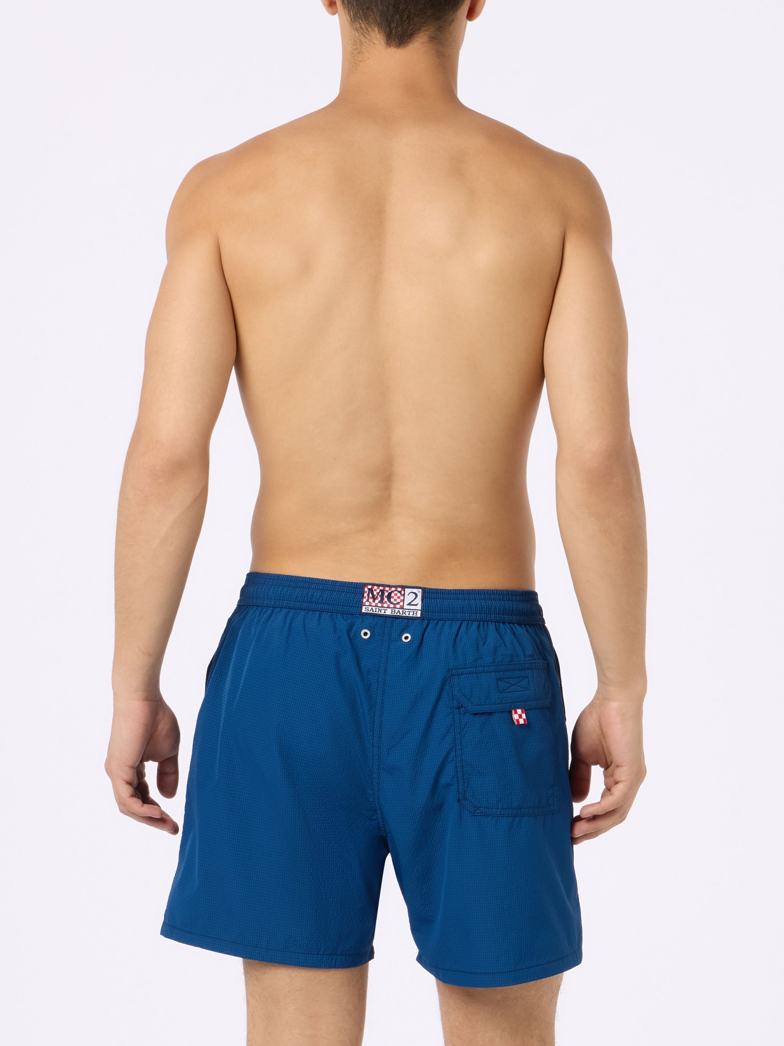 Shop Mc2 Saint Barth Man Seersucker Swim Shorts Patmos In Blue