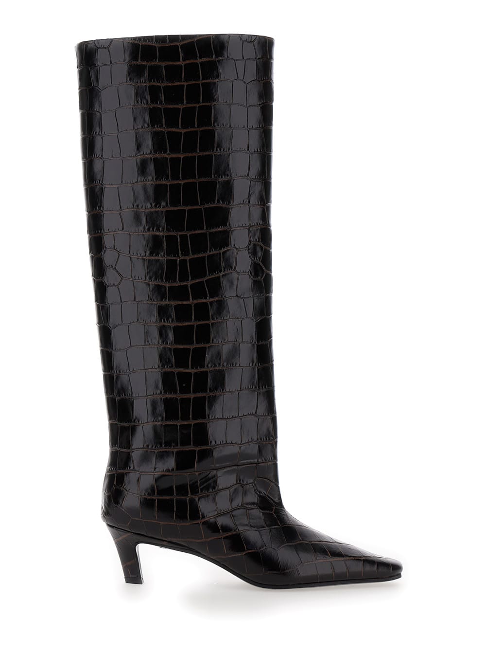 Totême the Wide Shaft Brown Pull-on Boots With Low Heel In Crocodile-embossed Leather Woman