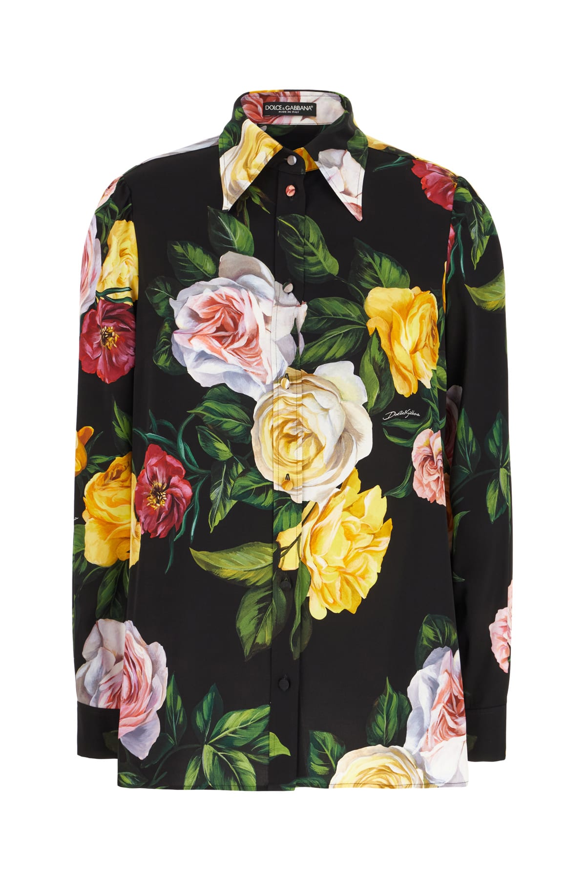 Dolce & Gabbana Black Silk Shirt With Multicolored Roses And Yellow Buttons