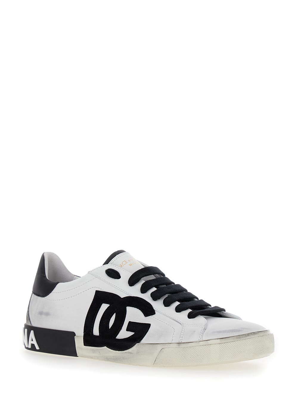 Shop Dolce & Gabbana Portofino White And Black Low Top Sneakers With Logo Patch And Used Effect In Leather Man In White/black