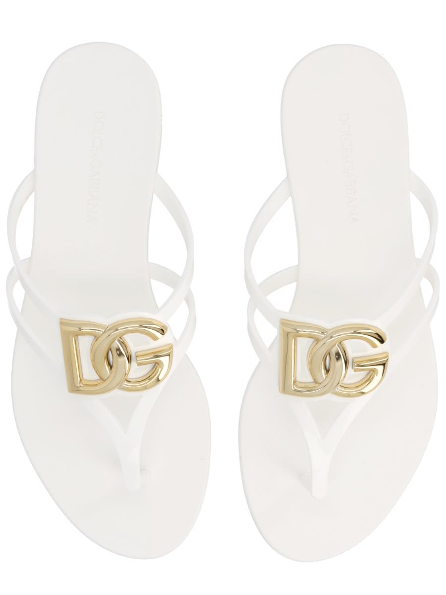 Dolce & Gabbana White Thong Sandals With Logo Plaque On The Front In Rubber Woman In Multi