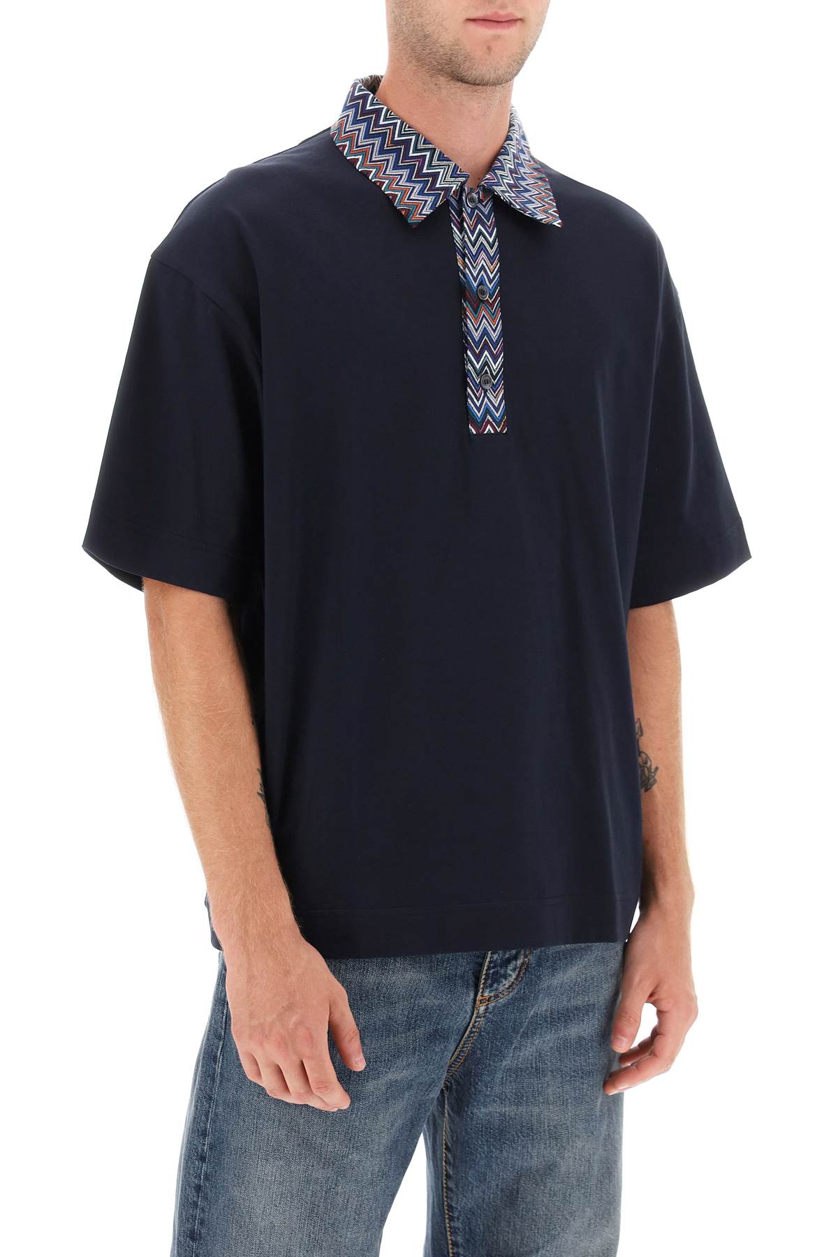 Shop Missoni Oversized Polo Shirt With Herringbone Details In Be Navy And Blu/bluette