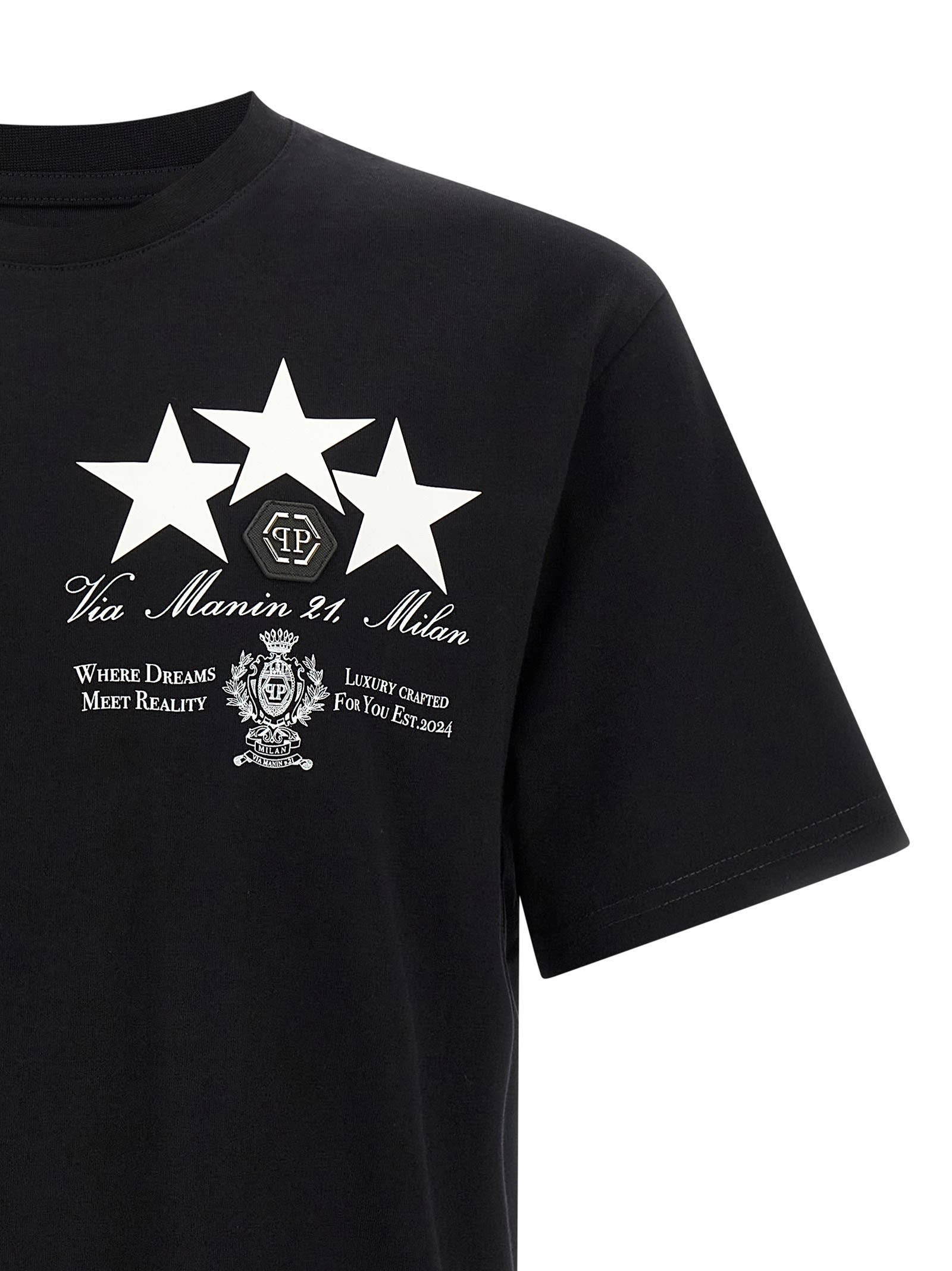Philipp Plein Crewneck T-shirt With Front Print And Logo Patch In Black