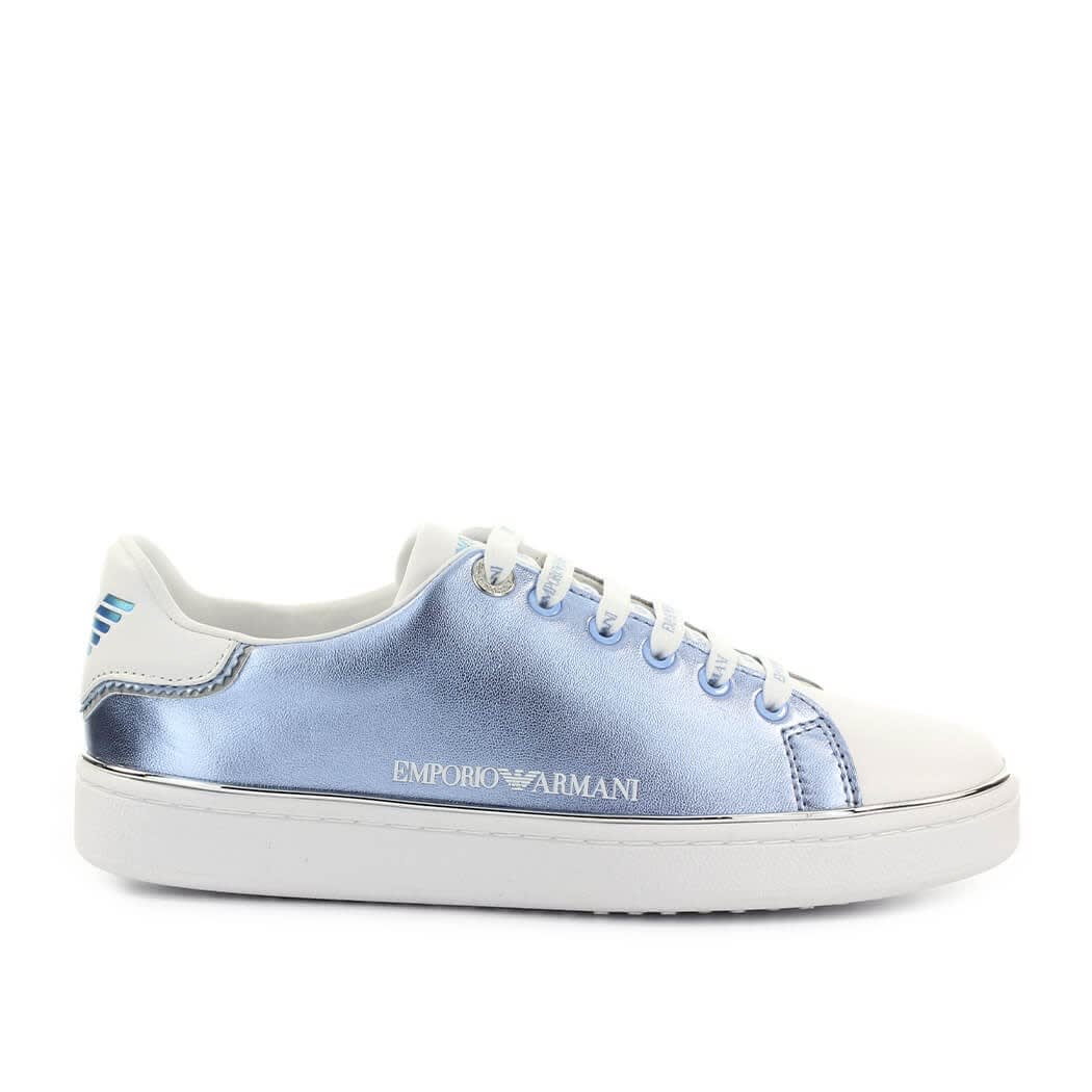Buy Emporio Armani White Light Blue Sneaker online, shop Emporio Armani shoes with free shipping