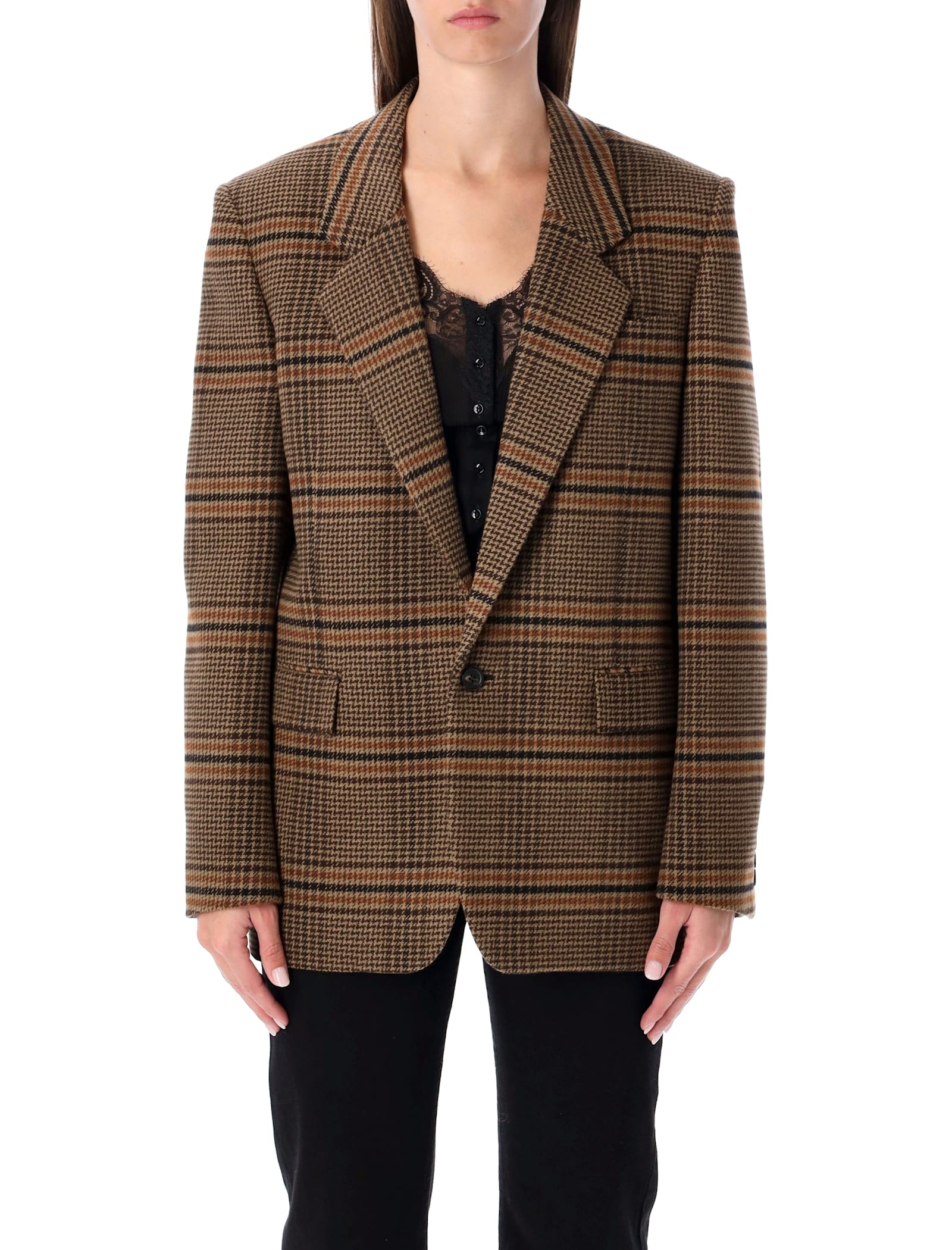 Saint Laurent Brown Check Wool Single-breasted Blazer In Blue