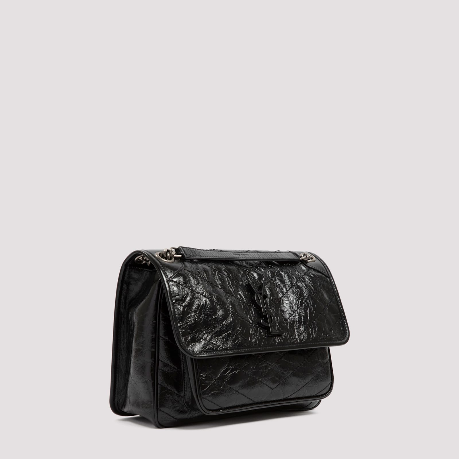 Saint Laurent Niki Medium Flap Ysl Shoulder Bag In Crinkled Leather In Black