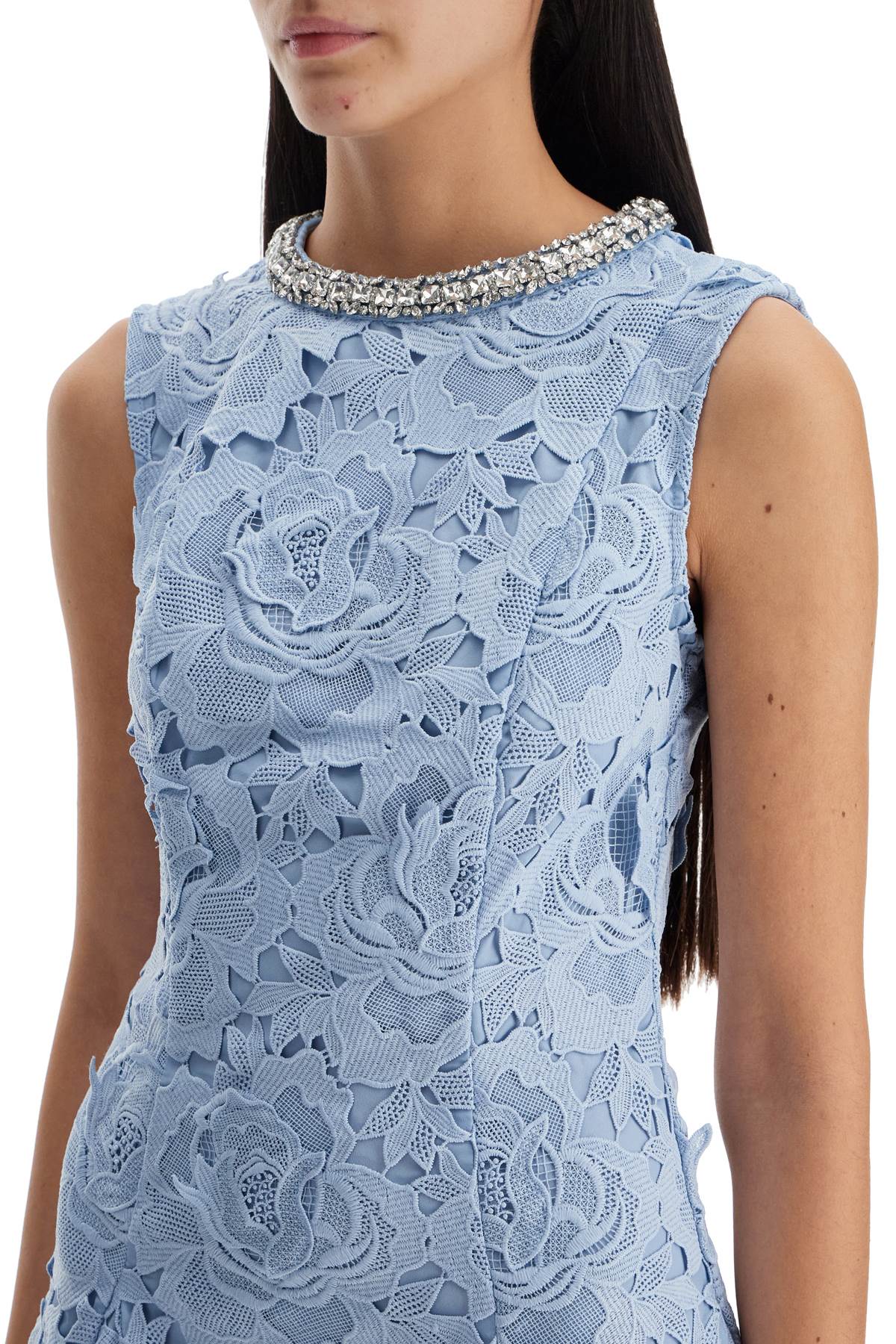 Self-portrait Bue Crewneck Mini Dress With Rhinestoned Collar And All-over Floral Lace Embroidery In Tech Fabric W In Blue
