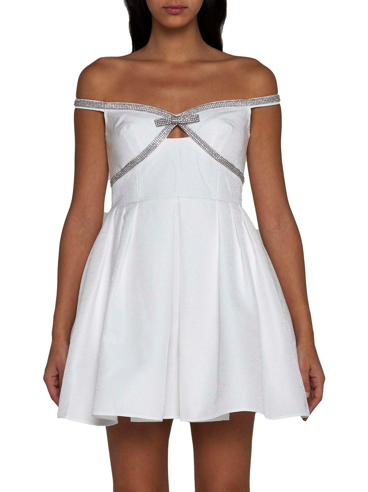 Shop Self-portrait Bow Detailed Off-shoulder Mini Dress In Bianco