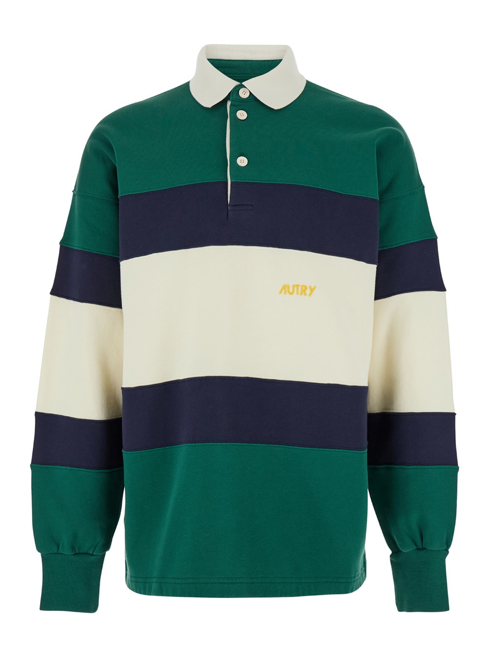 Shop Autry Green Long Sleeve Striped Polo Shirt With Logo In Fabric Man