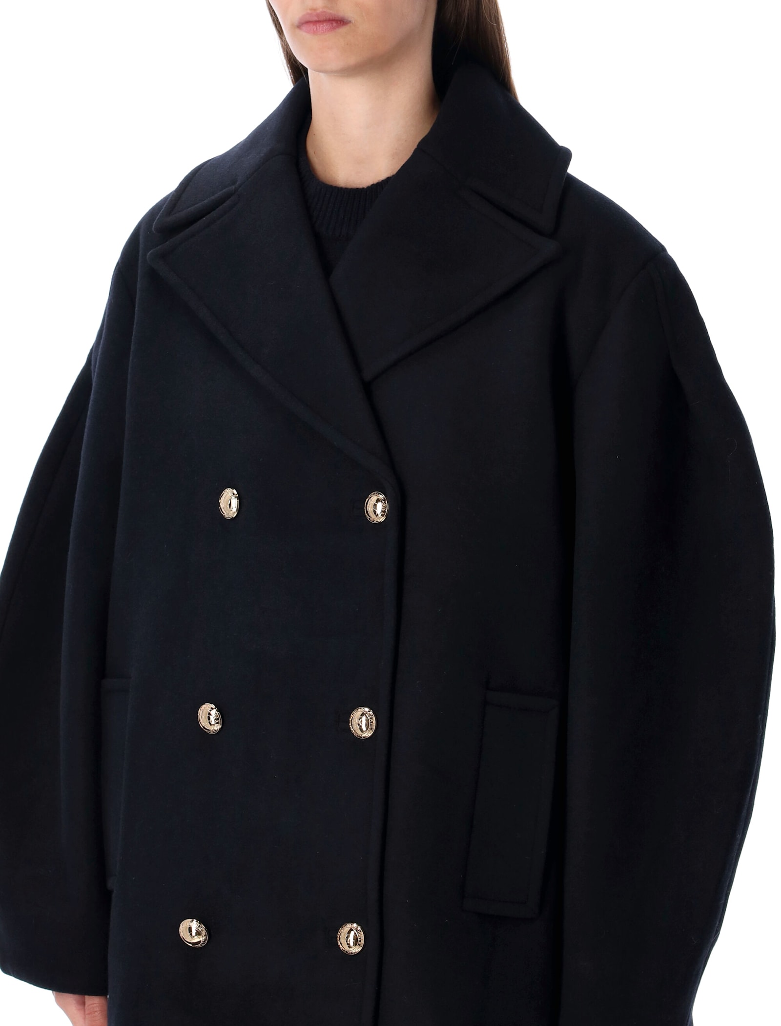 Ganni Dark Blue Wool Short Peacoat In Black