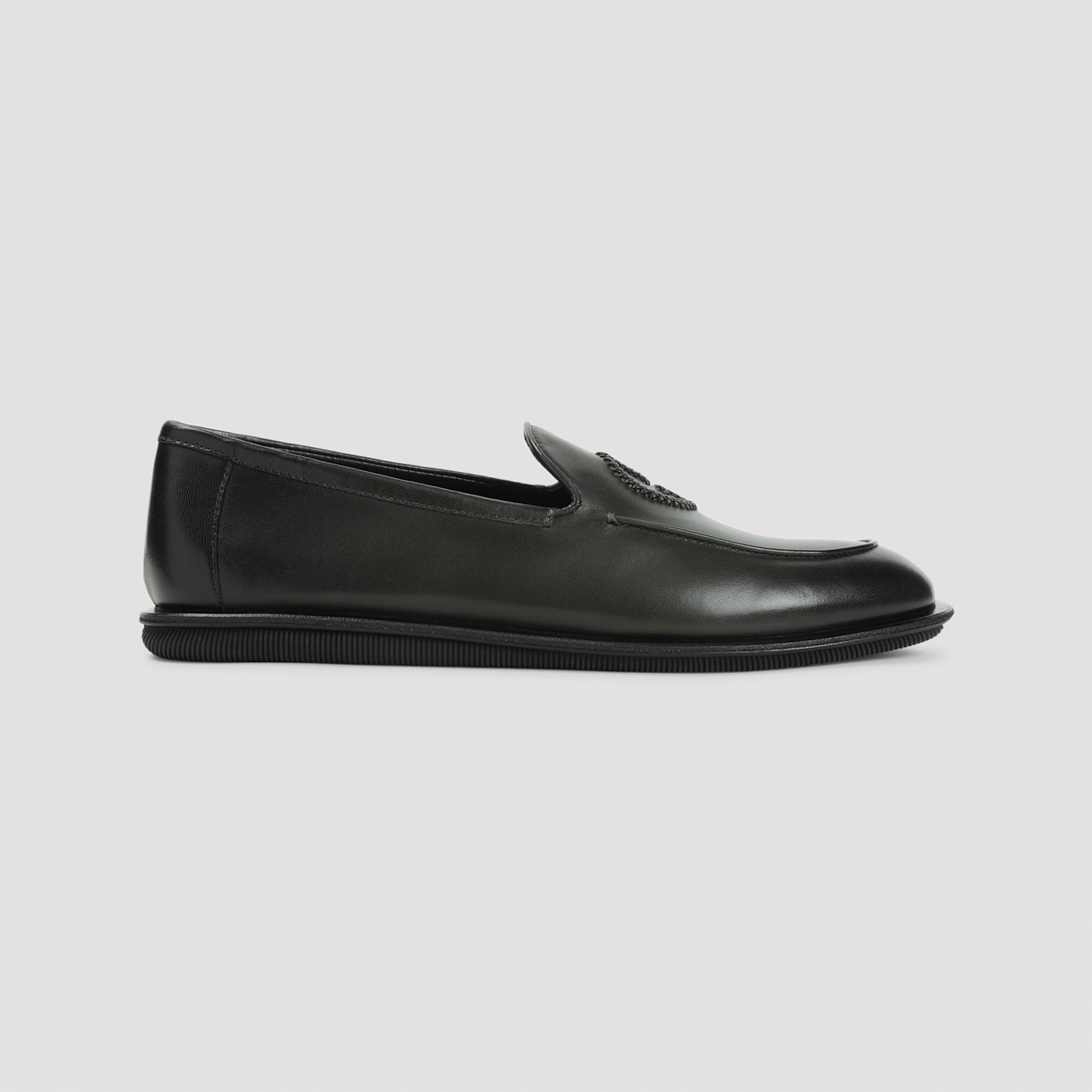 Giorgio Armani Official Store Vintage Nappa Leather Loafers With Embroidered Logo In Green