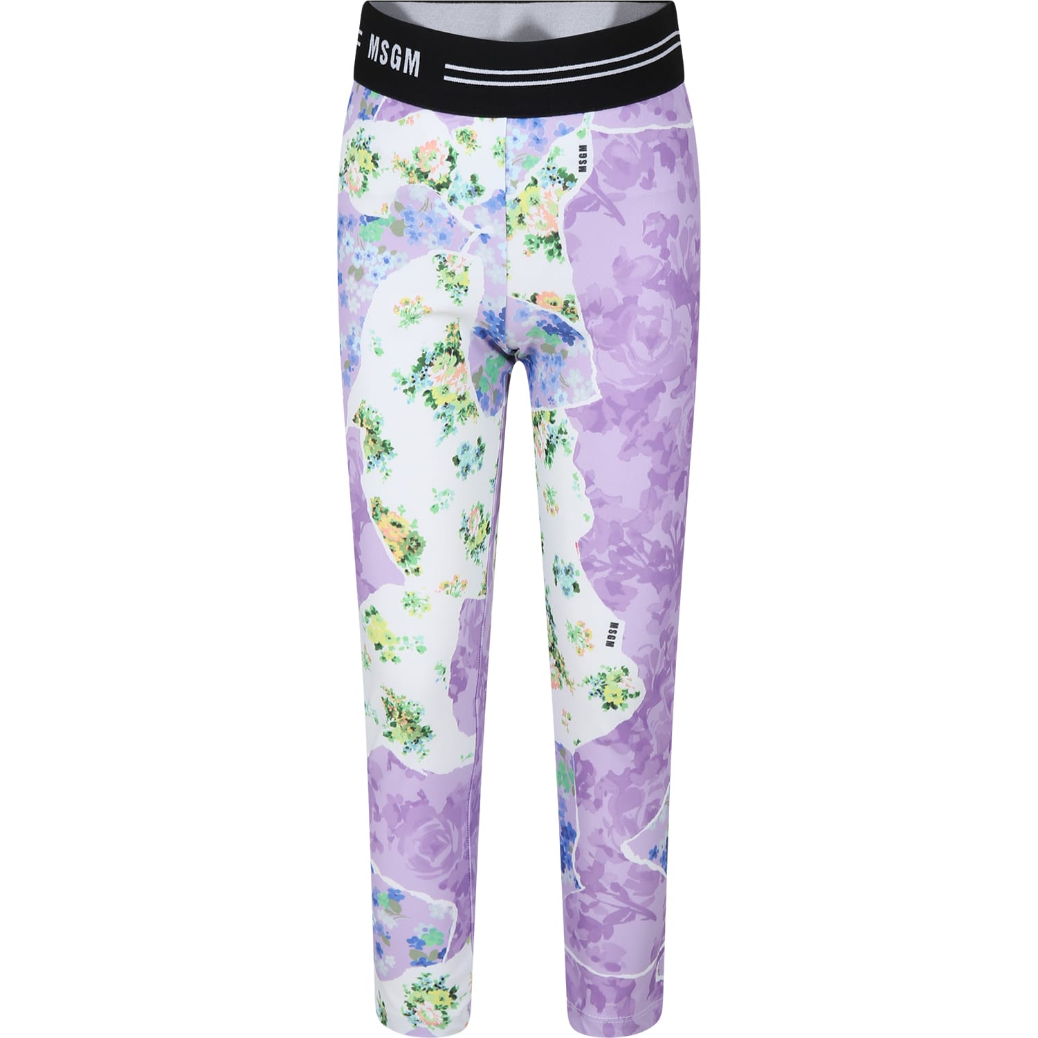 Msgm Kids' Lilac Leggings For Girl With Flowers Print In Purple