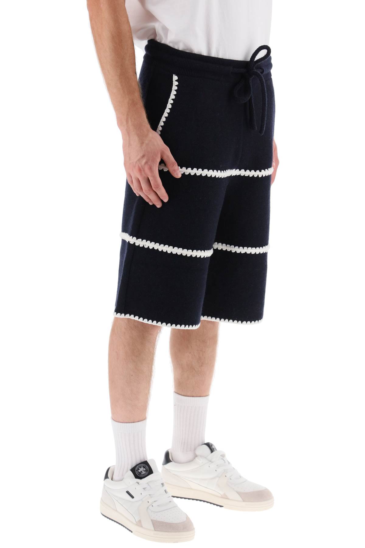 Shop Palm Angels Wool Knit Shorts With Contrasting Trims In Navy Blue (blue)