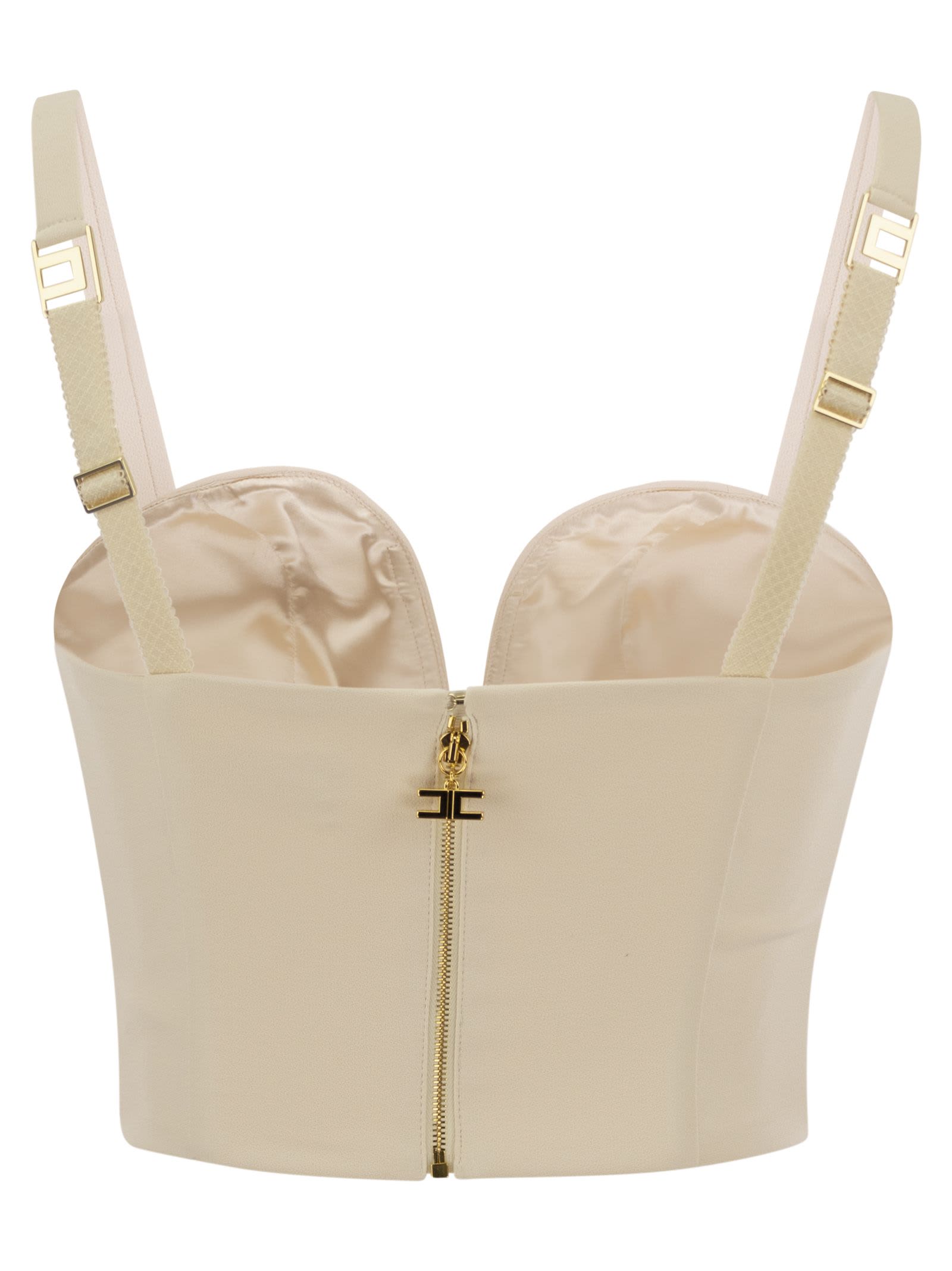 Shop Elisabetta Franchi Stretch Crepe Bustier Top With Enamelled Logo Plaque  In Butter