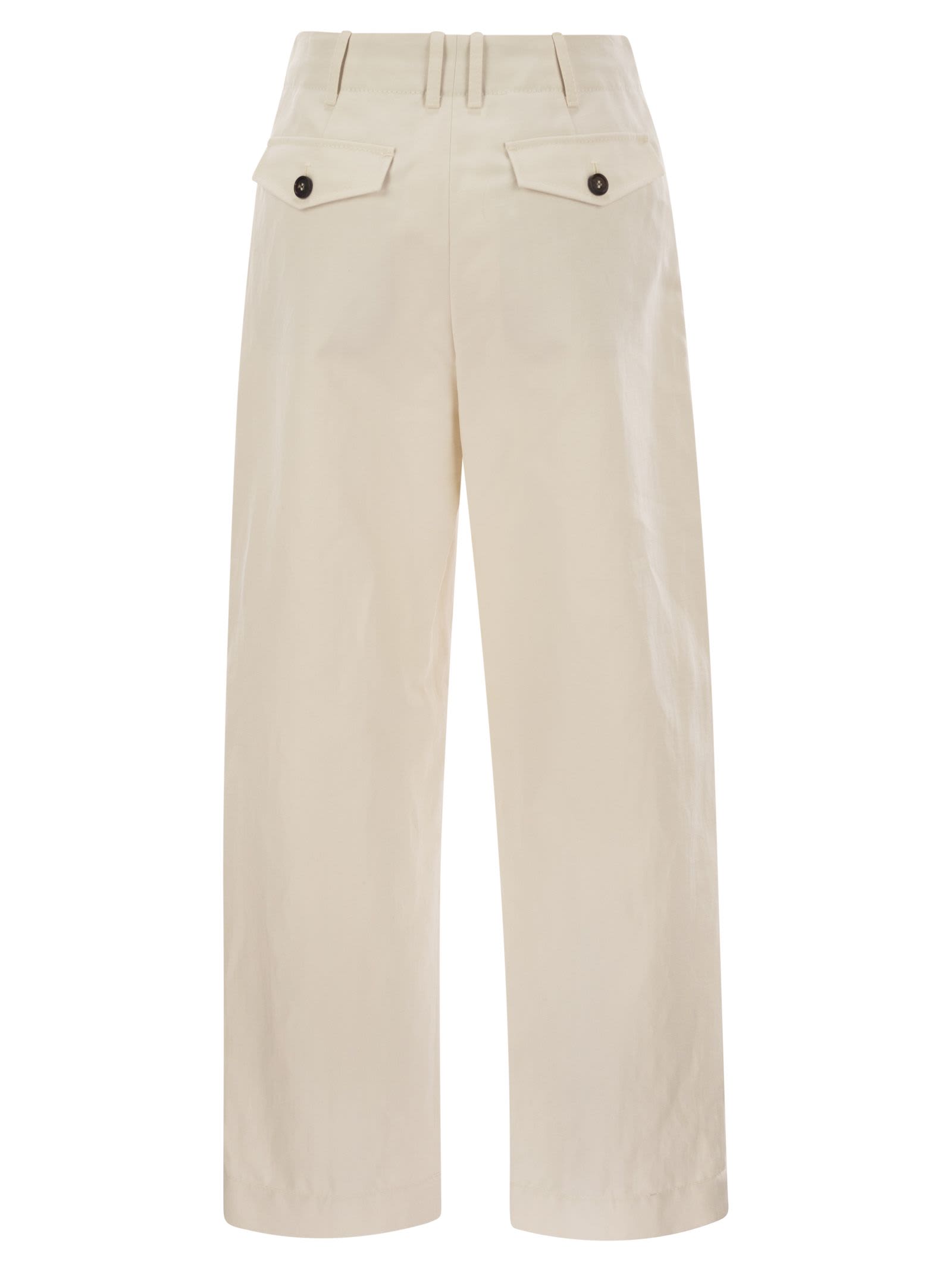 BRUNELLO CUCINELLI PLEATED CHINO TROUSERS IN COTTON CANVAS AND LINEN