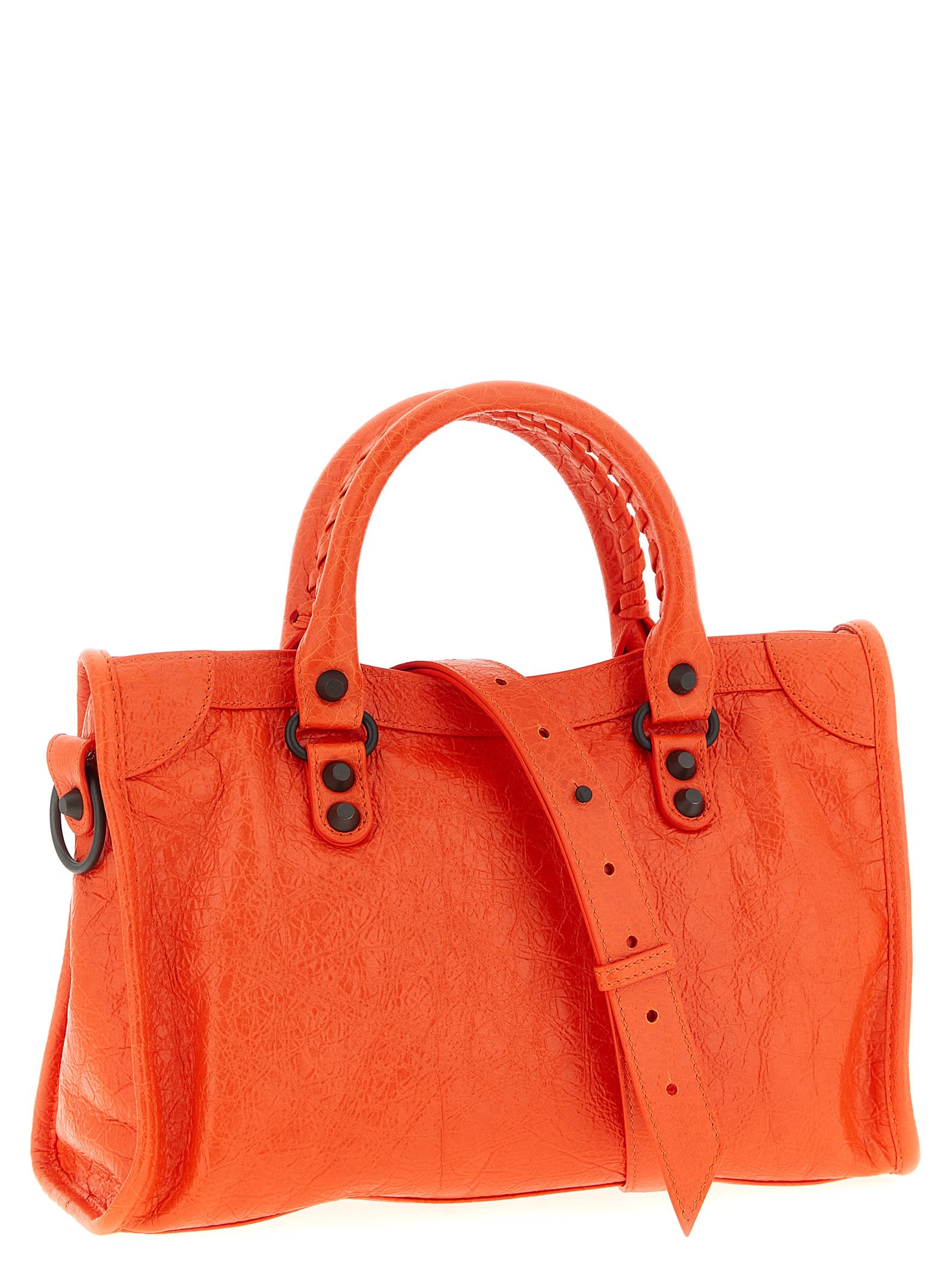 Balenciaga Textured Shoulder Bag Braided Handles In Orange