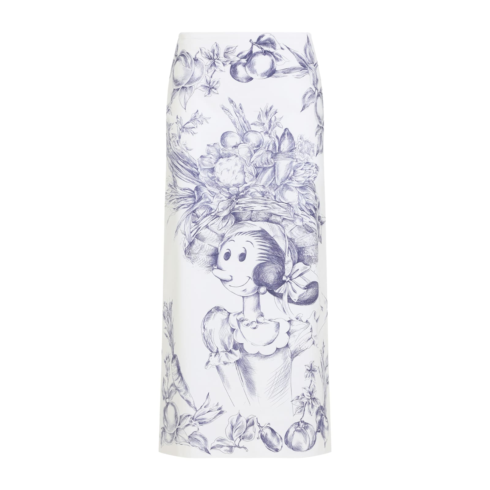 Moschino Maxi Skirt With Whimsical Floral Character Illustration In Fantasia Bianco