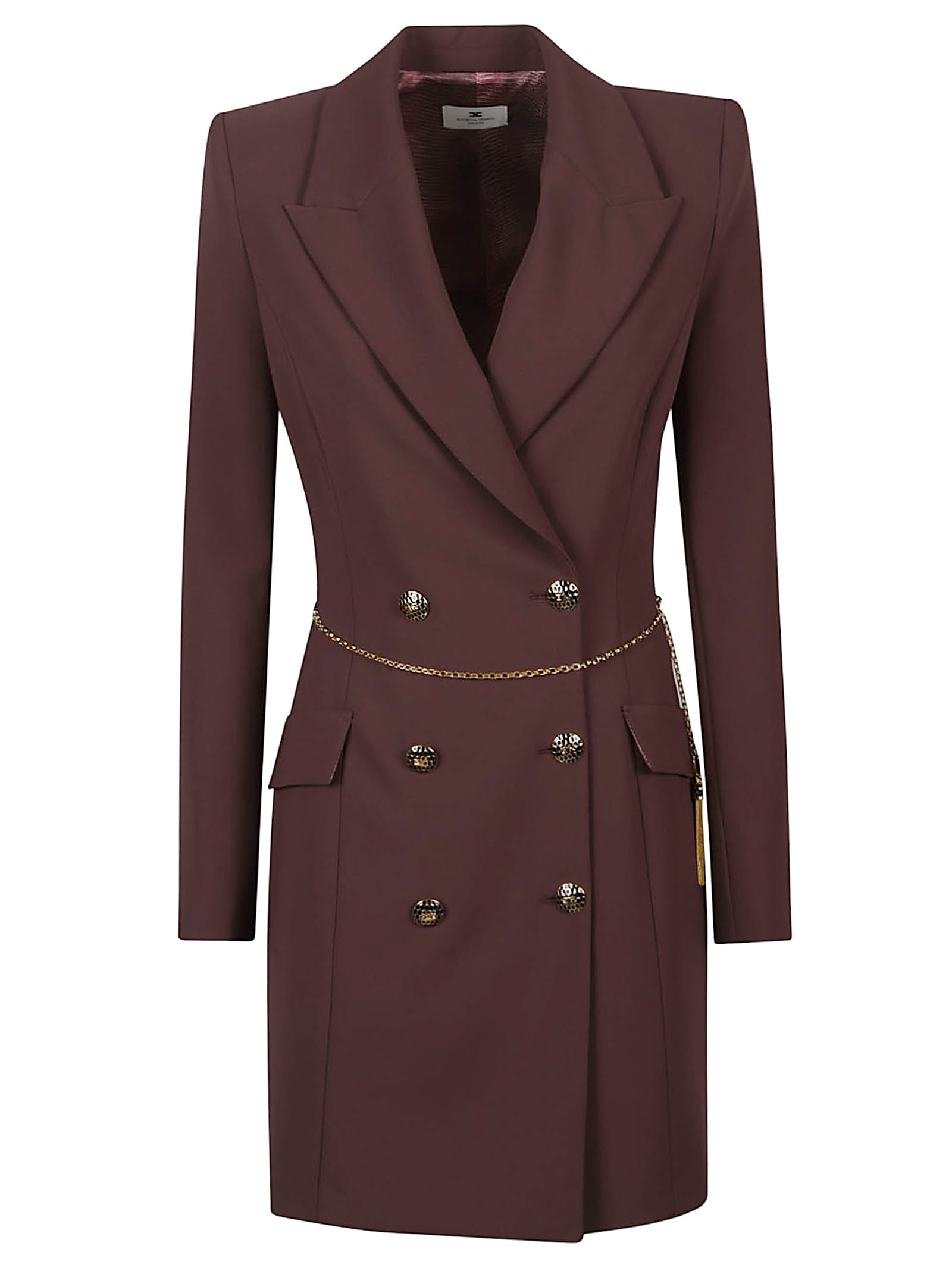 Elisabetta Franchi Midi Dress With Long Sleeves And Chain In Burgundy