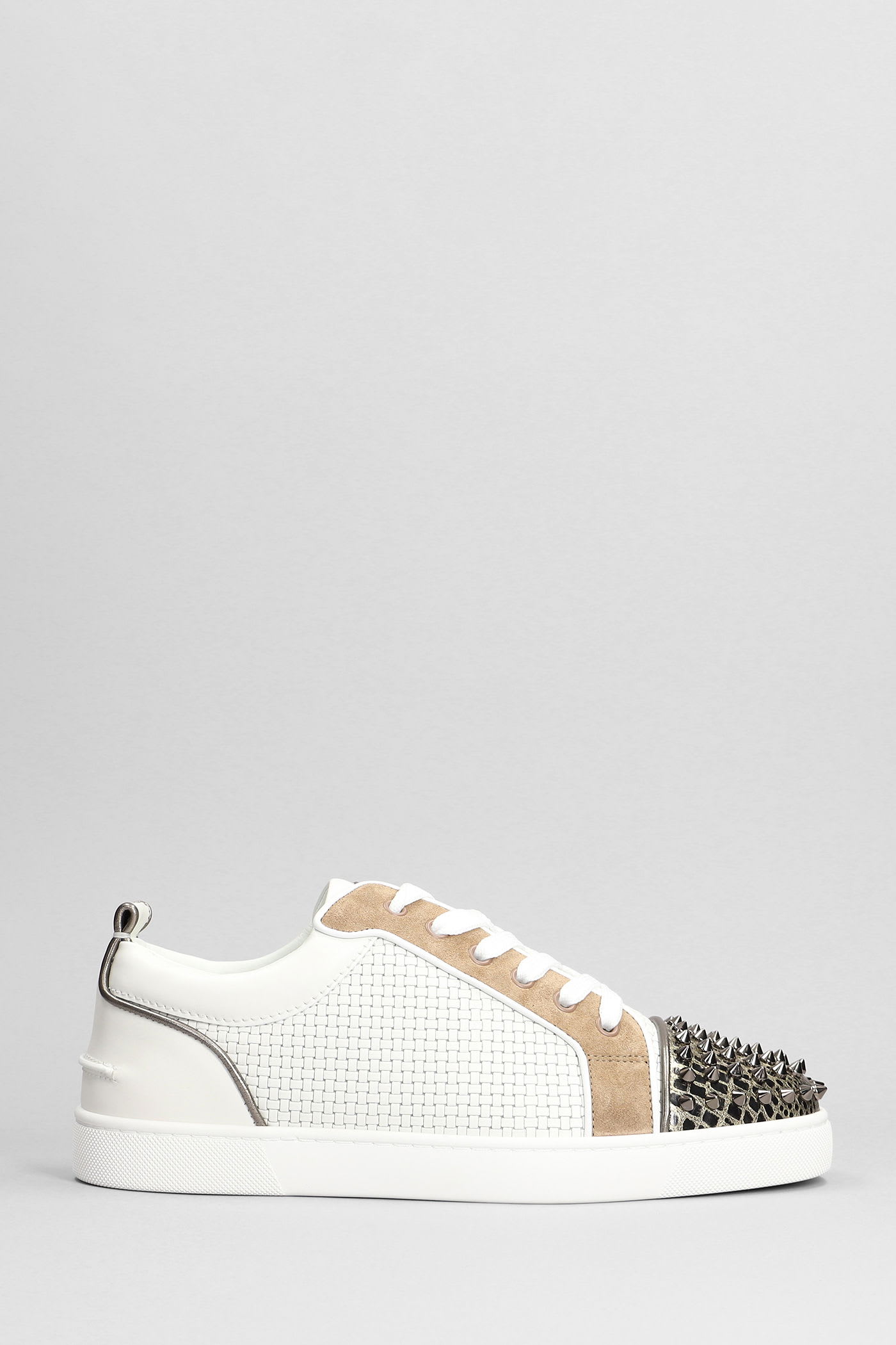 Christian Louboutin Louis Junior Spikes Sneakers In White Suede And Leather In Multi