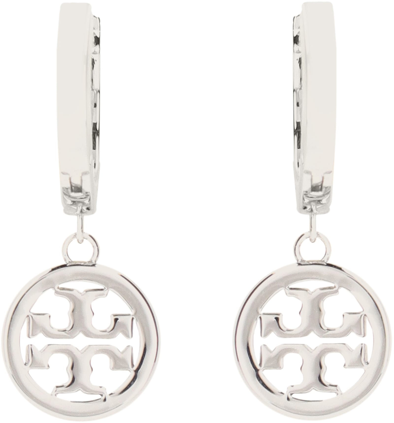 Shop Tory Burch Miller Logo Hoop Earrings In Silver/crystal