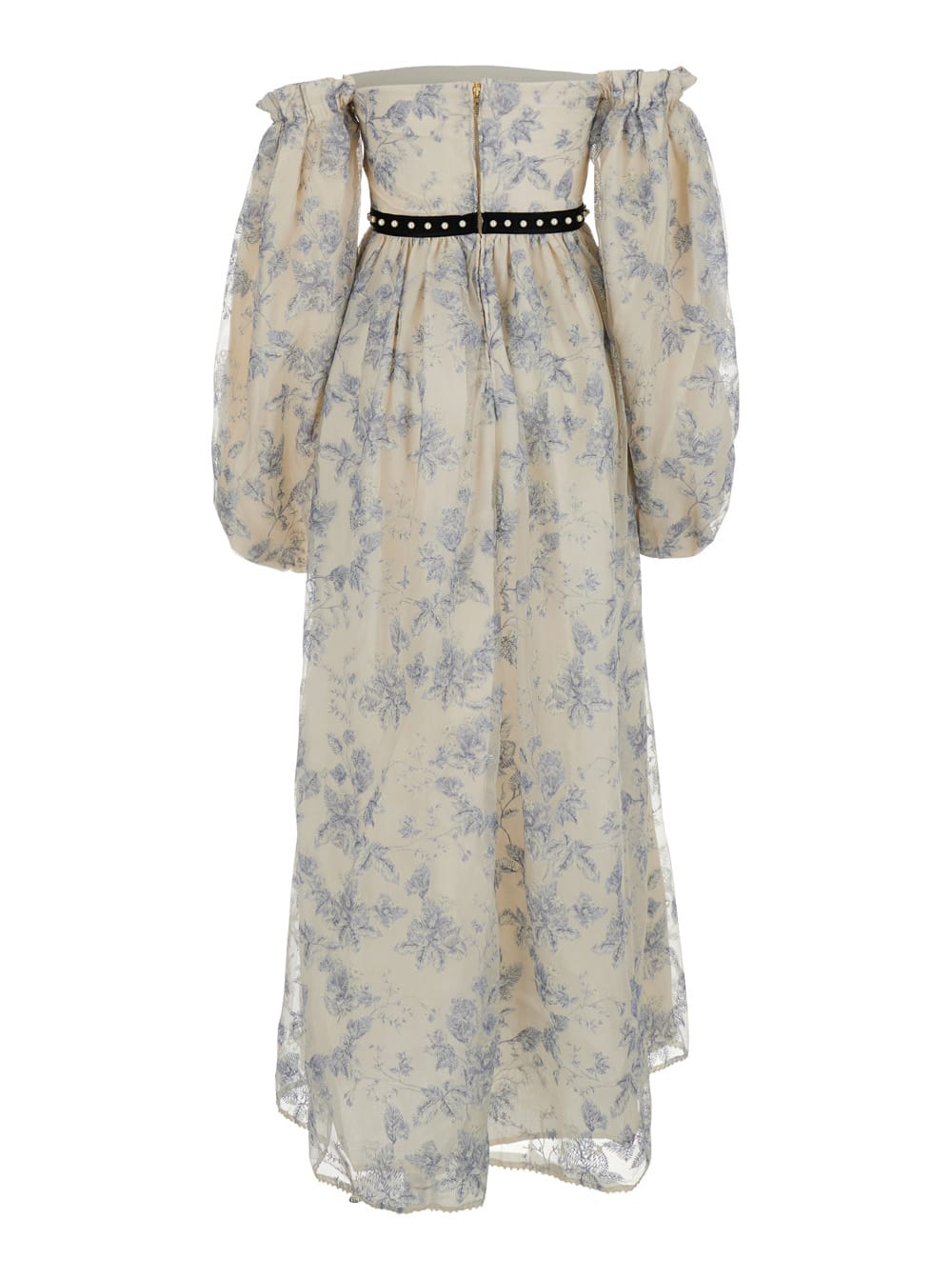 Agua By Agua Bendita Alheli Blue Long Dress With Bardot Neckline And All-over Printed Floral Motif In Linen Woman In Blu