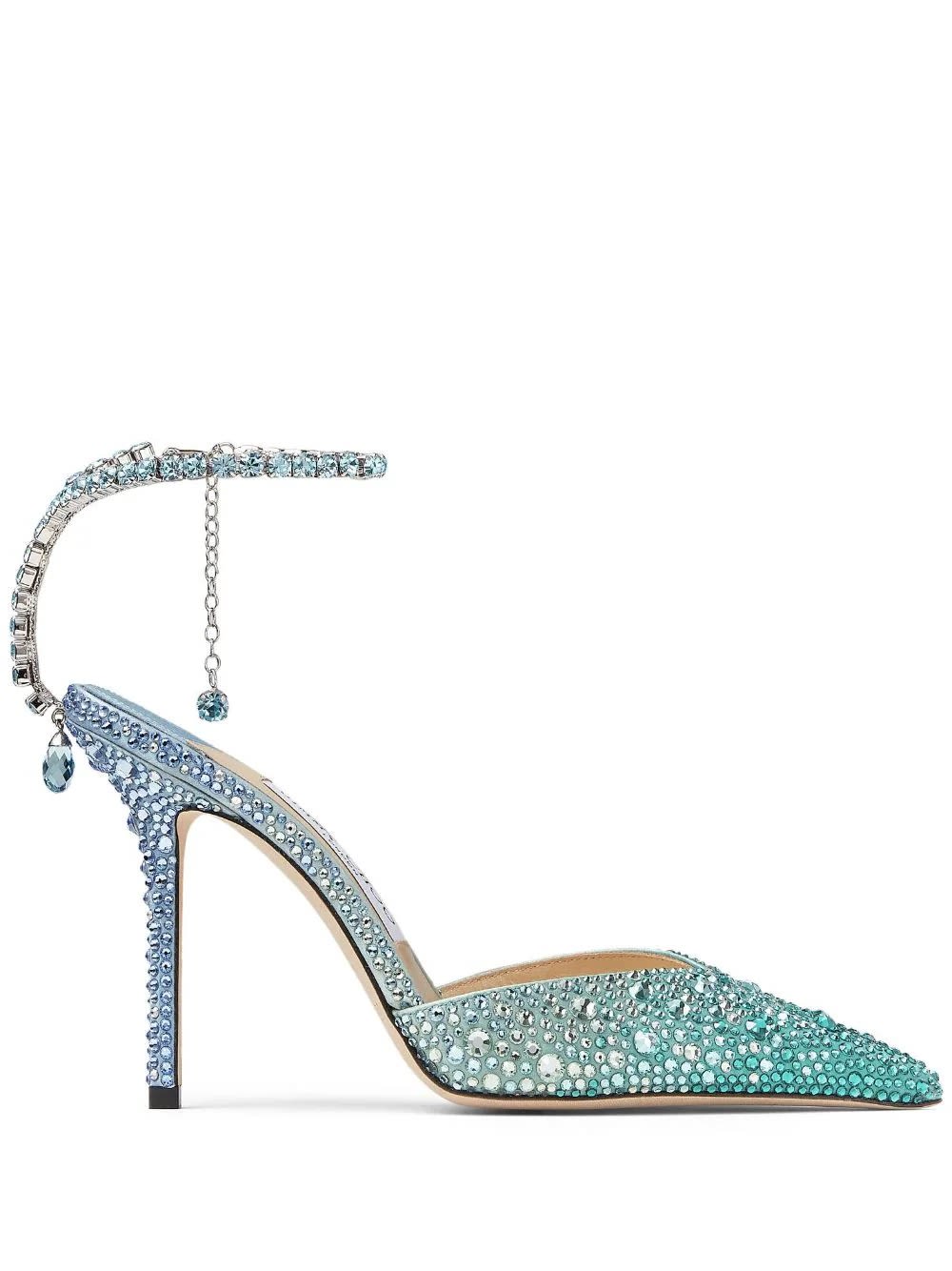 JIMMY CHOO SAEDA 100 PUMPS IN BLUE PEACOCK WITH CRYSTALS