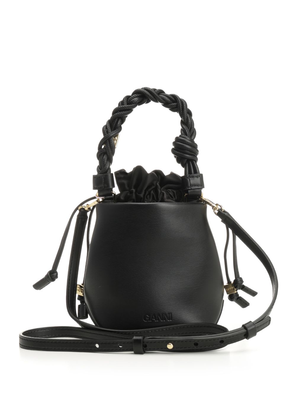 Ganni Mini Bou Leather Bucket Bag In Black