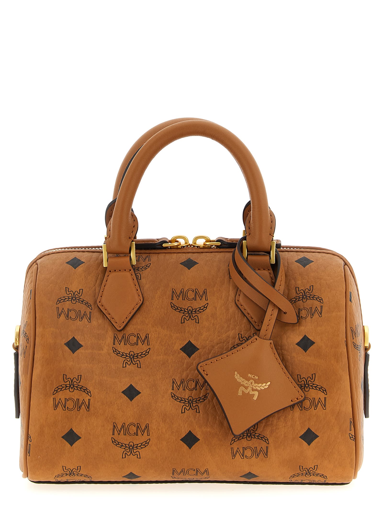 Mcm Canvas Printed Handbag With Detachable Tag And Top Handles In Brown