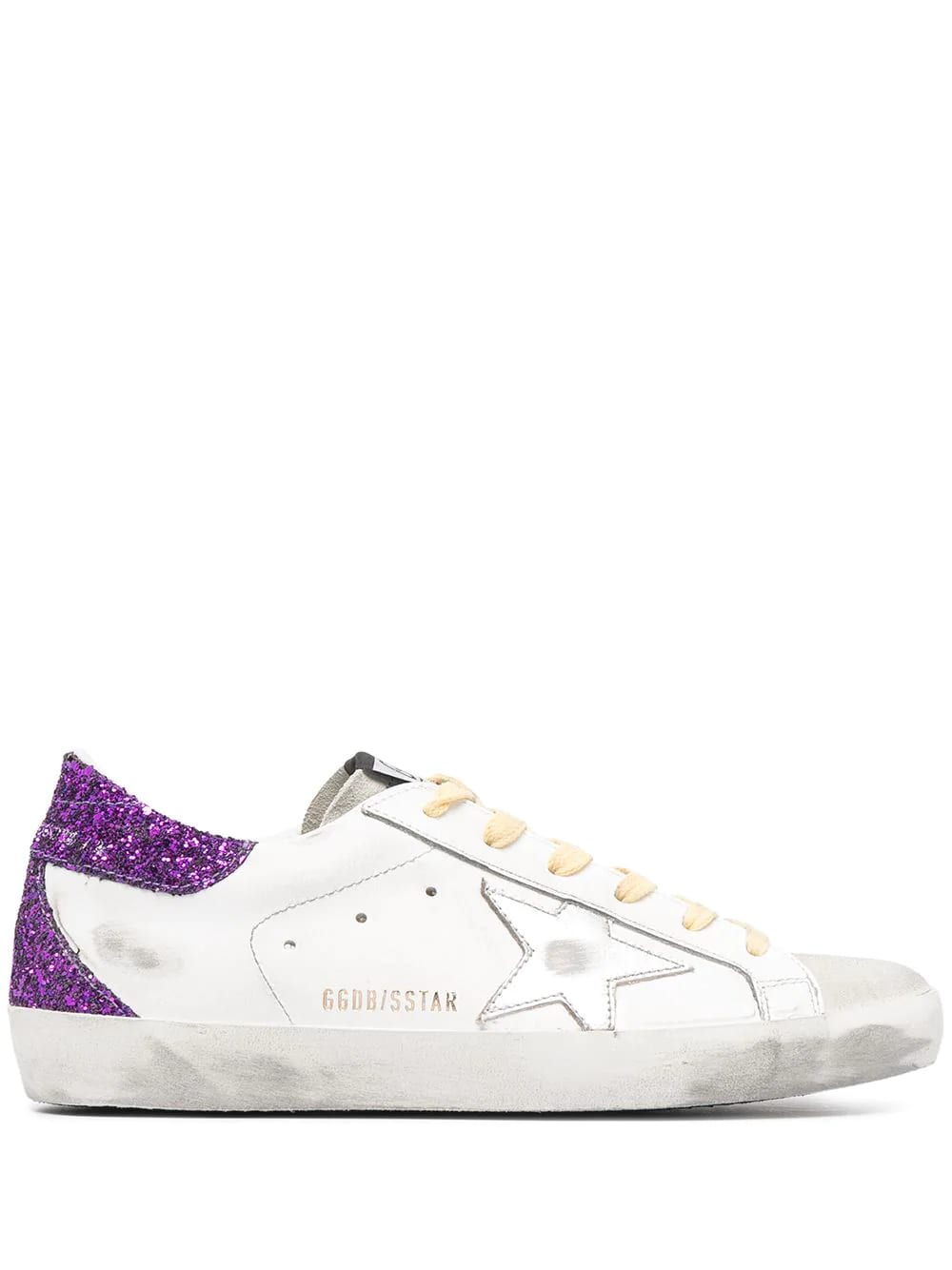 Buy Golden Goose Woman White Super-star Sneakers With Silver Star, Yellow Laces And Purple Glitter Spoiler online, shop Golden Goose shoes with free shipping