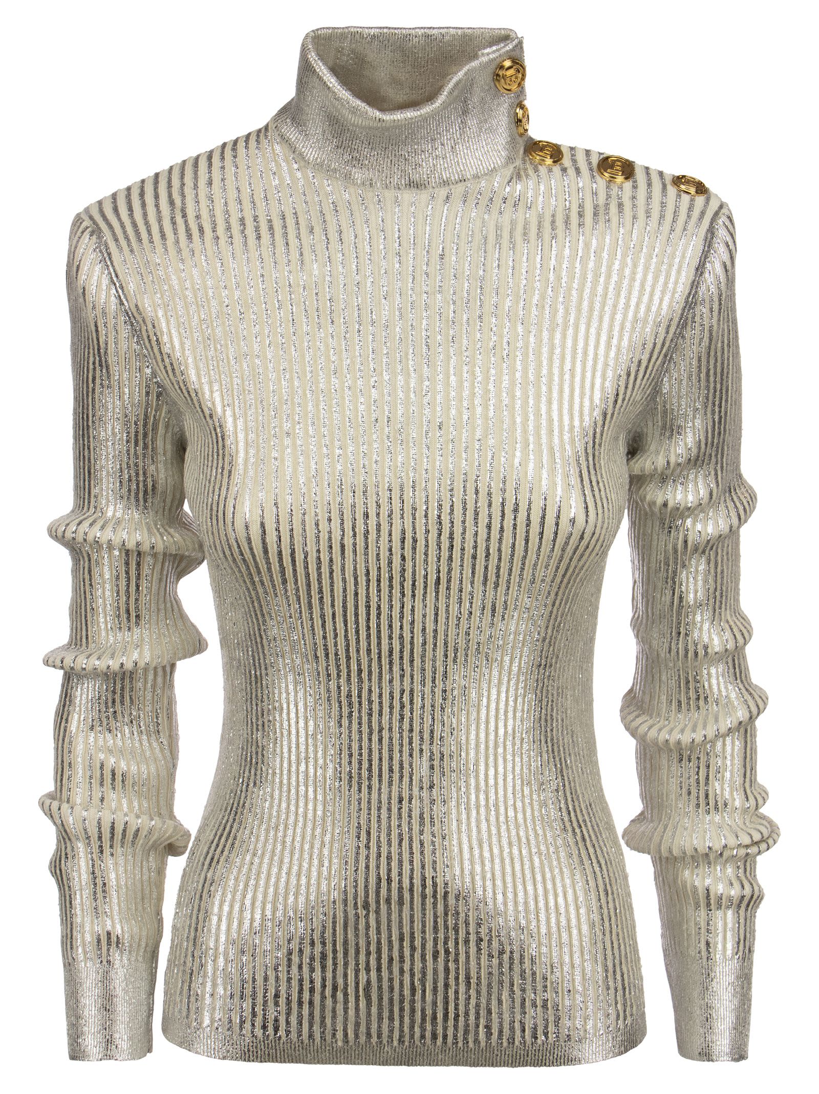 Balmain Silver Wool Sweater With Gold Buttons