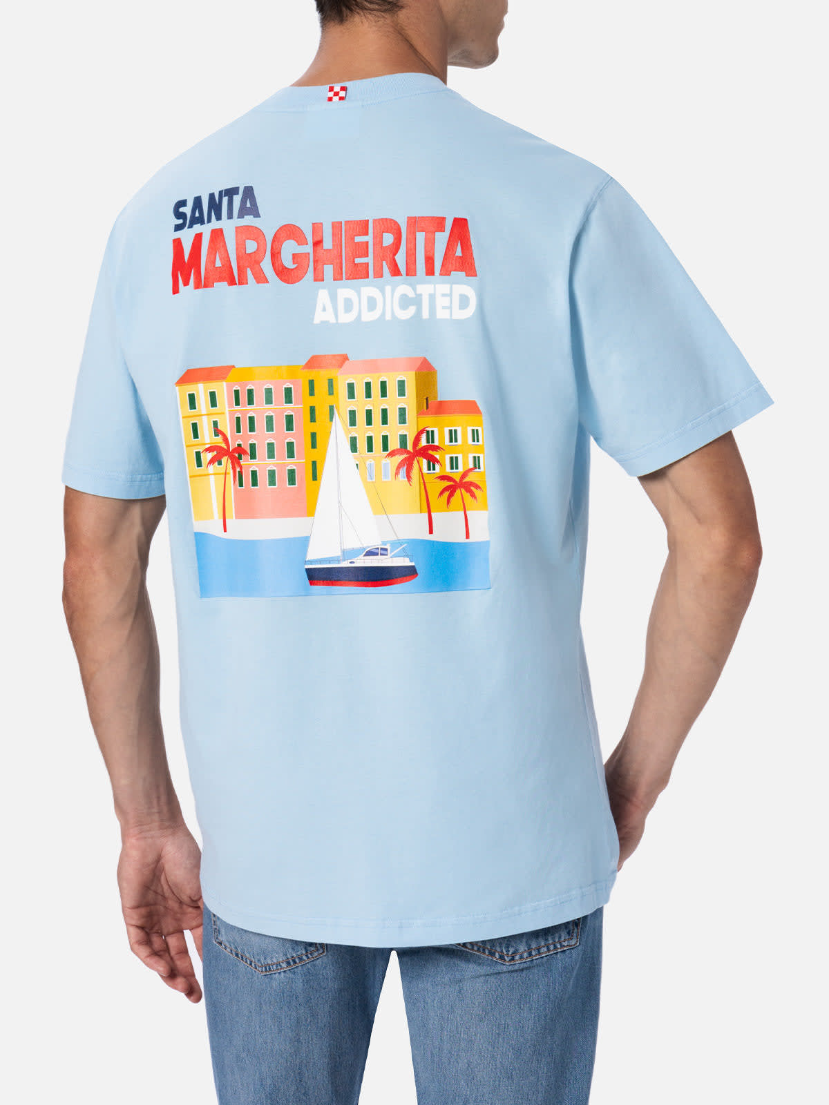 Mc2 Saint Barth Man Cotton T-shirt With Santa Margherita Addicted Postcard Placed Print In Sky