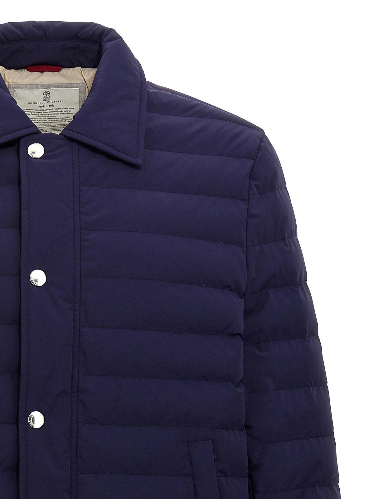 Shop Brunello Cucinelli Padded Shirt Jacket In Blu Indigo+semi Di Lino