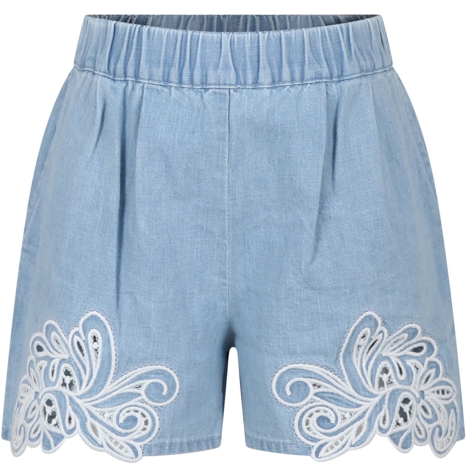 Shop Ermanno Scervino Junior Blue Shorts For Girl With Embroidery In Denim