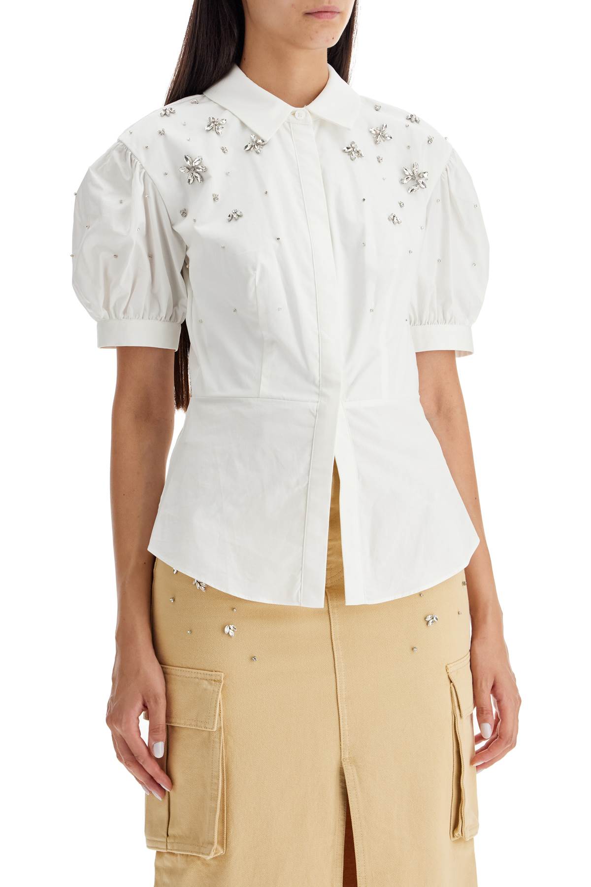 Shop Self-portrait Fitted Cotton Shirt With Tailored In White (white)