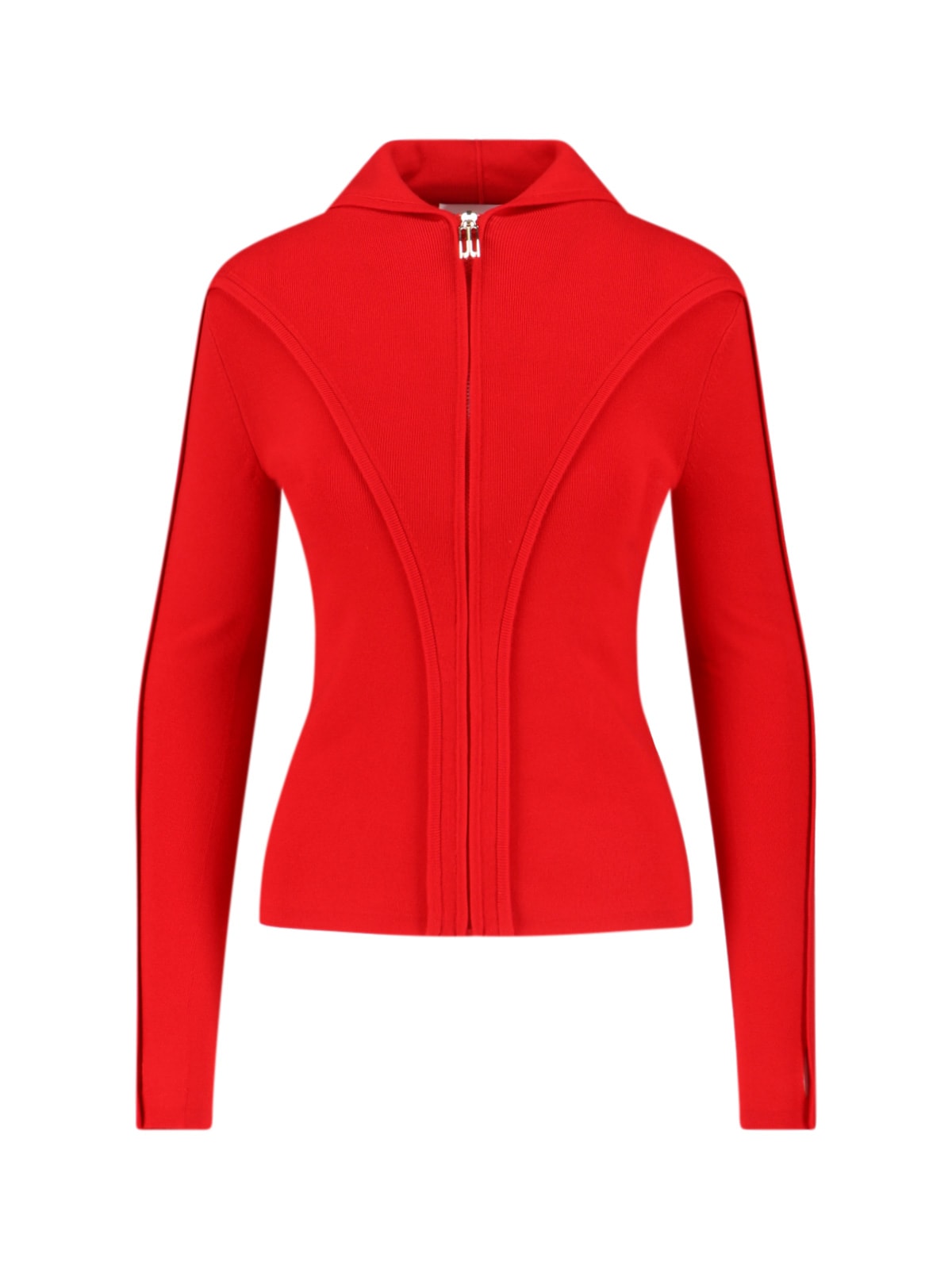Victoria Beckham Ribbed Knit Zip-up Hoodie With Metal Logo Charm In Red
