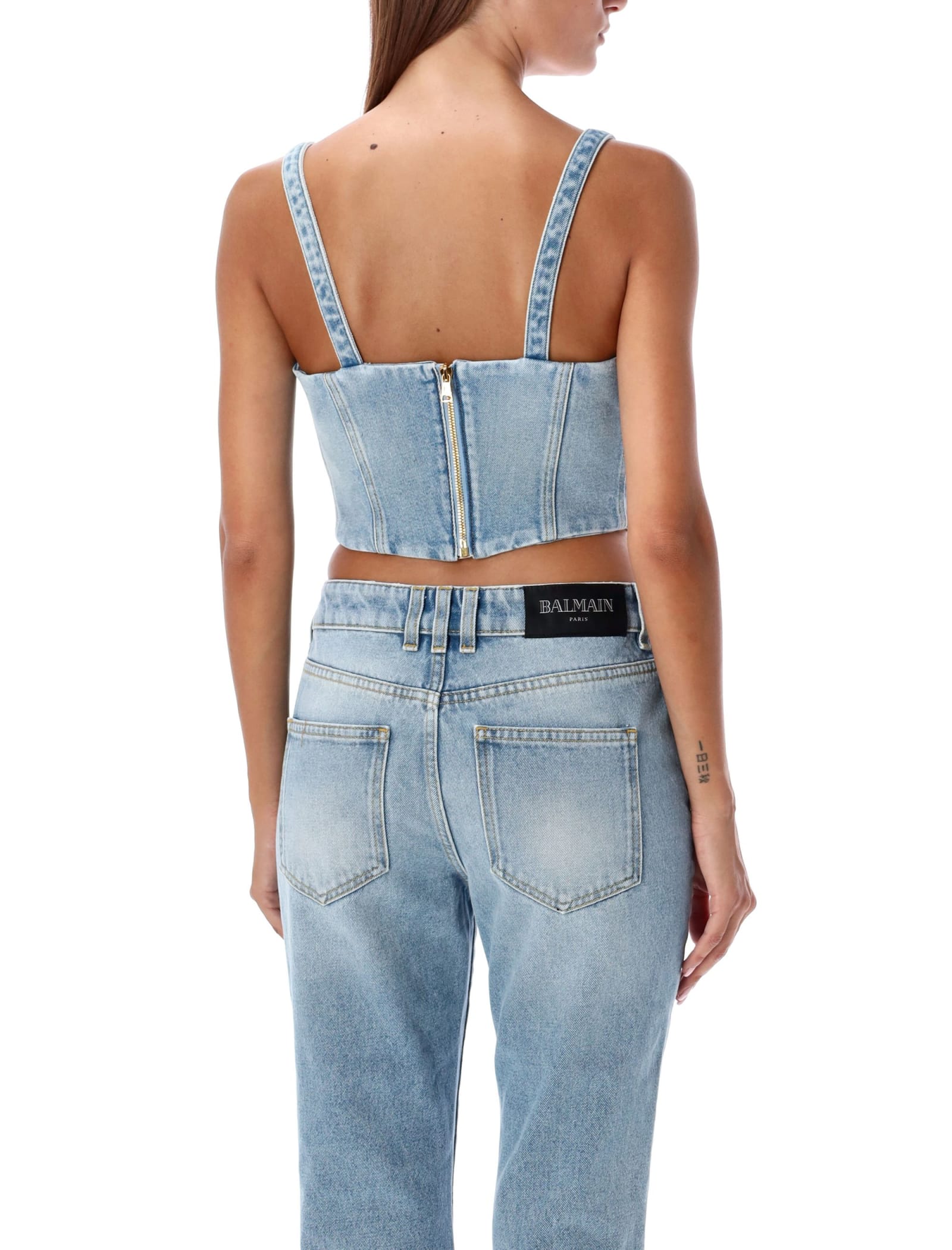 Shop Balmain Denim Bustier Top In Light Blue