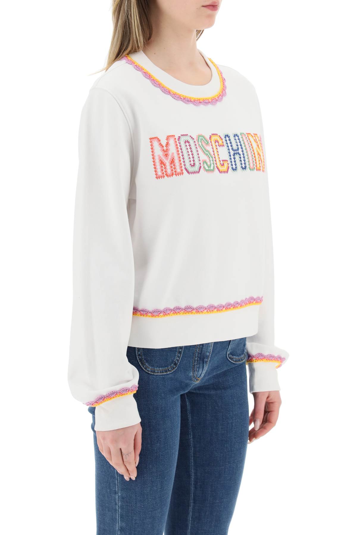 Moschino Crewneck Sweatshirt With Embroidered Logo And Scalloped Trim In White