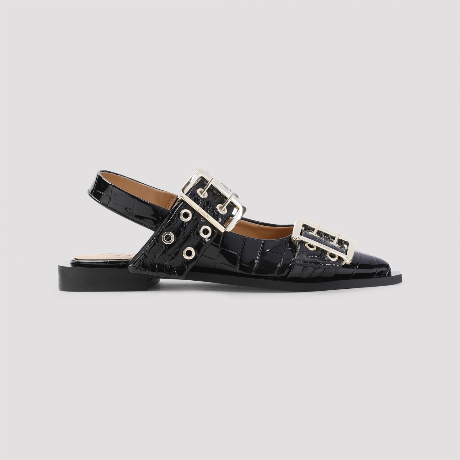 Shop Ganni Feminine Buckle Naplack Croco Ballerina In Black