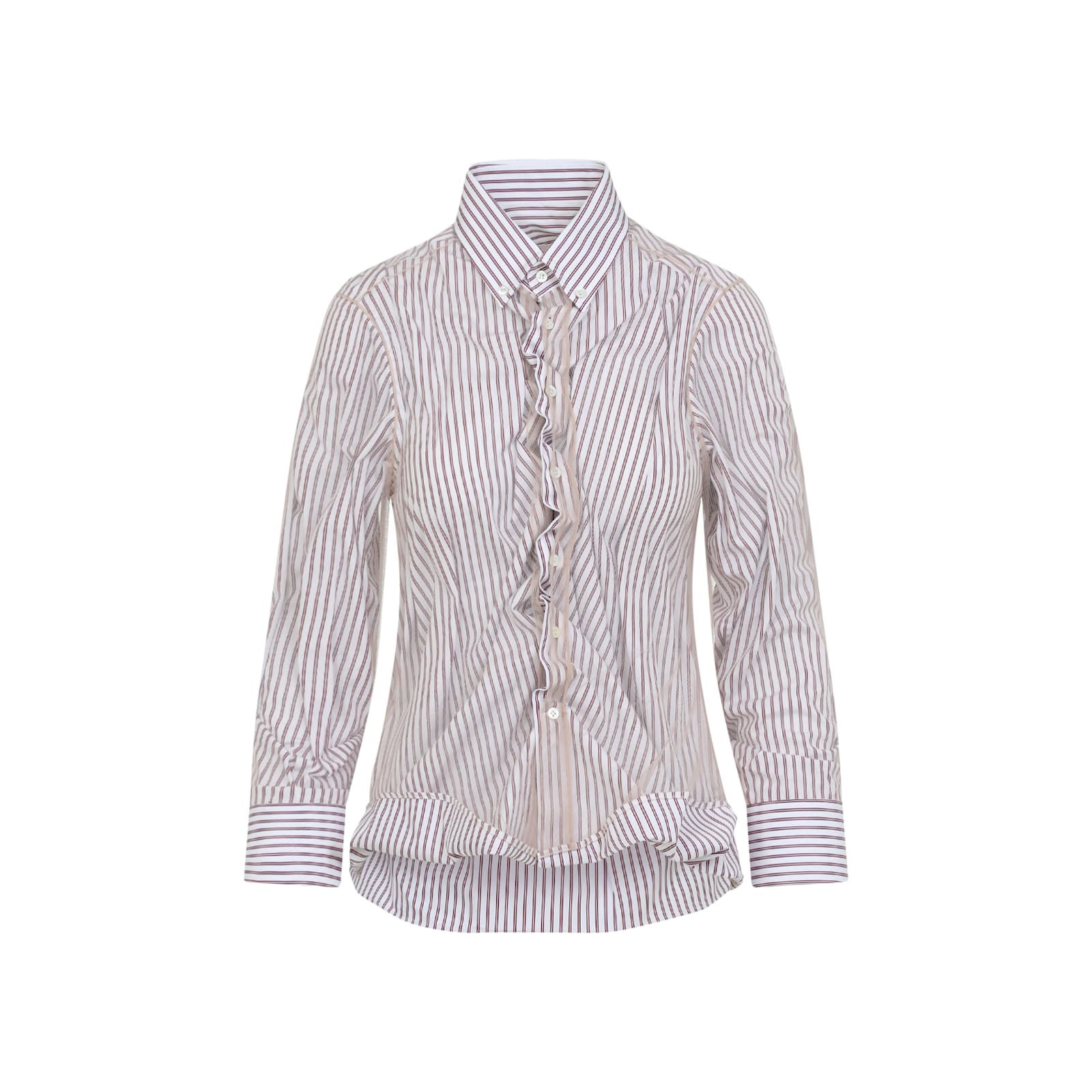 Maison Margiela Vertical Stripe Fitted Shirt With Ruffled Detail In Red