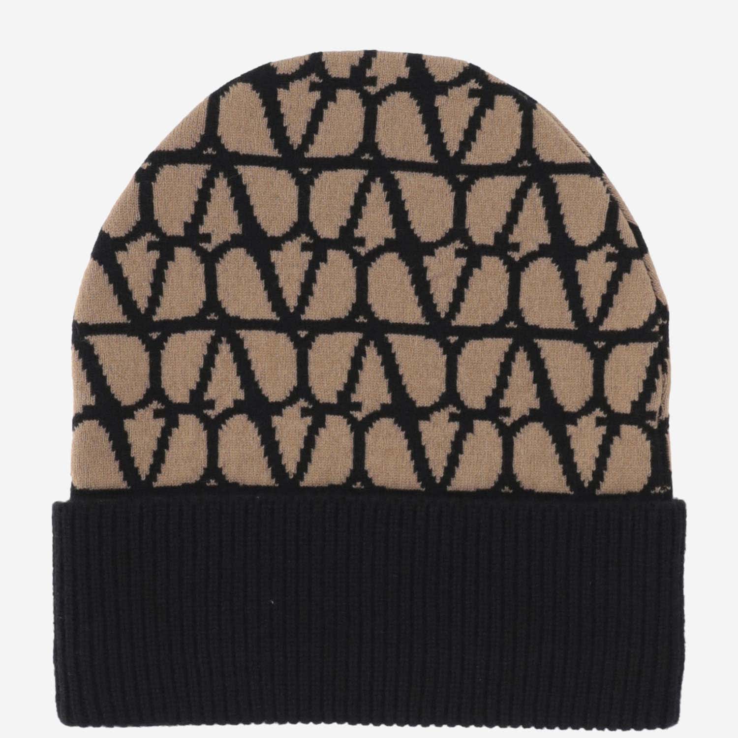 Valentino Beige Cashmere Knitted Beanie Toile Iconographe Beanie In Camel/nero