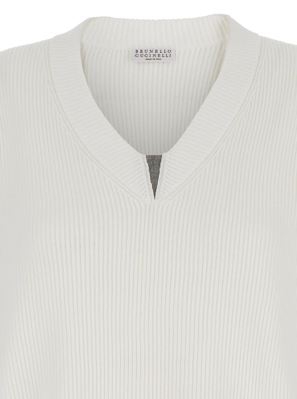 Brunello Cucinelli White Sweater With V Neck And Monile Detail On The Front In Cotton Woman In White