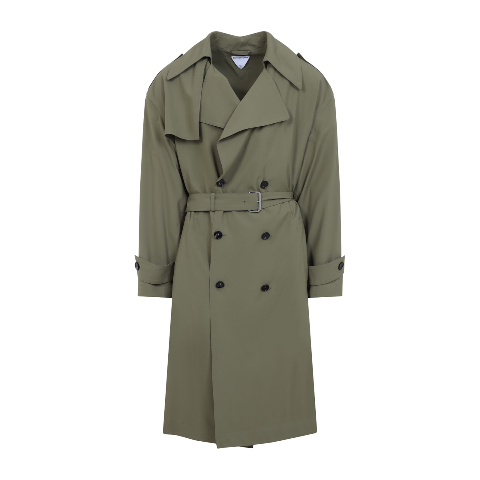 Bottega Veneta Green Wool Double-breasted Trench Coat In Algae