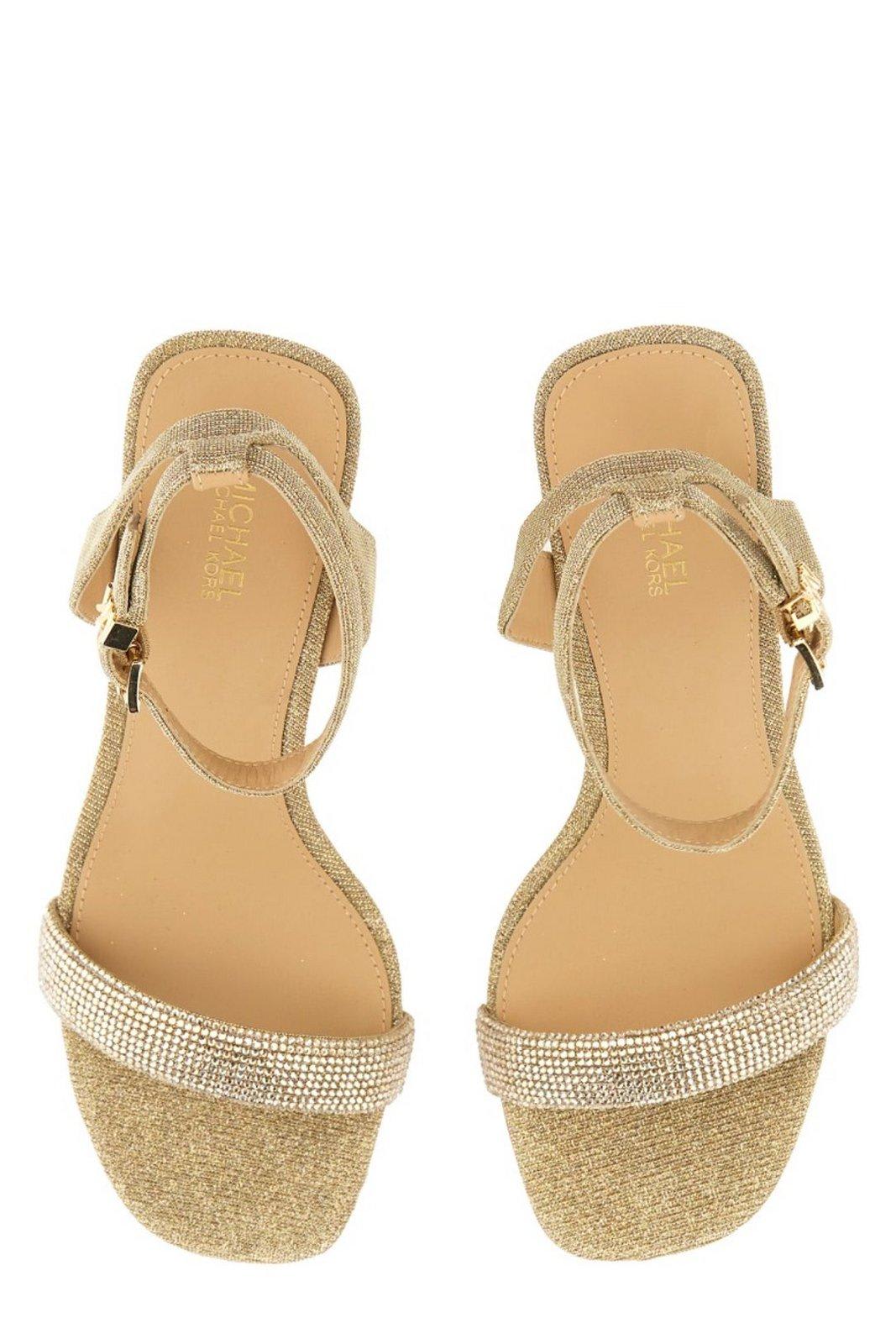 Shop Michael Michael Kors Carrie Rhinestoned Embellished Sandals In Pale Gold