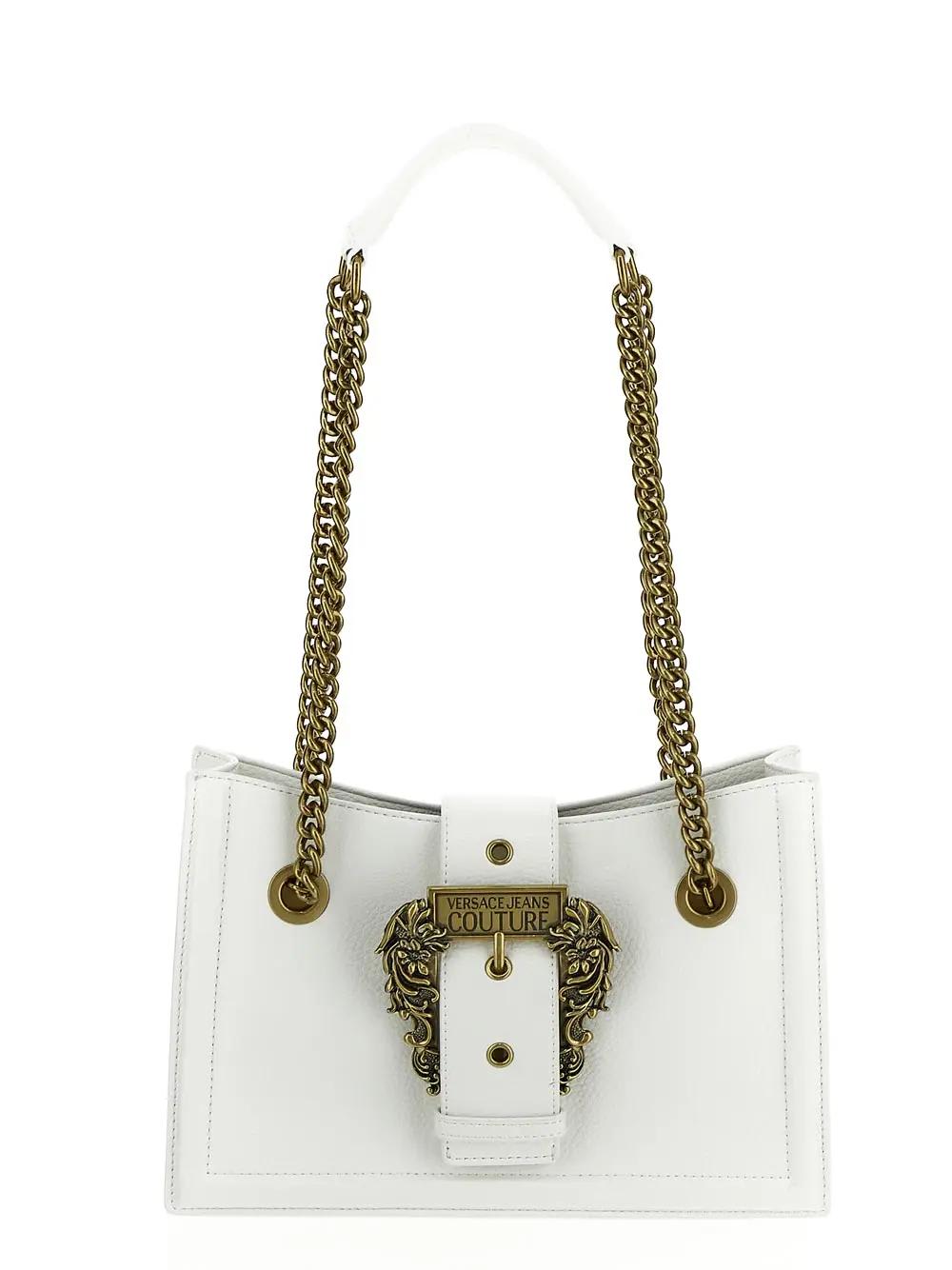 Shop Versace Jeans Couture Embossed Buckle Shoulder Bag In White