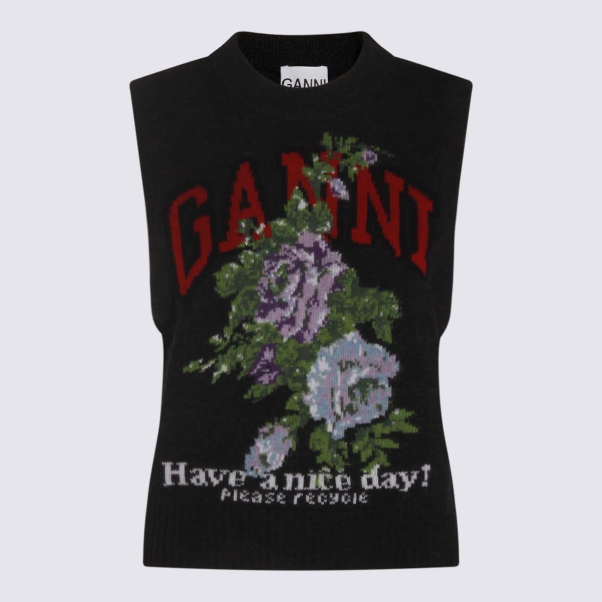 Ganni Dark Grey Rose Wool-blend Vest Women In Multi