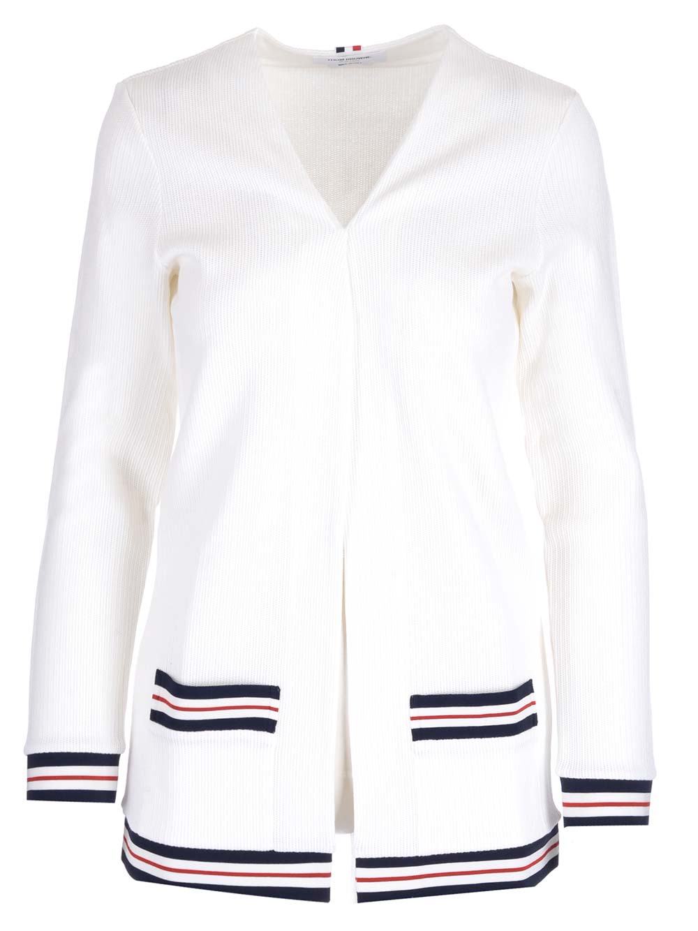 Thom Browne Rwb Stripe Ribbed Cardigan In White