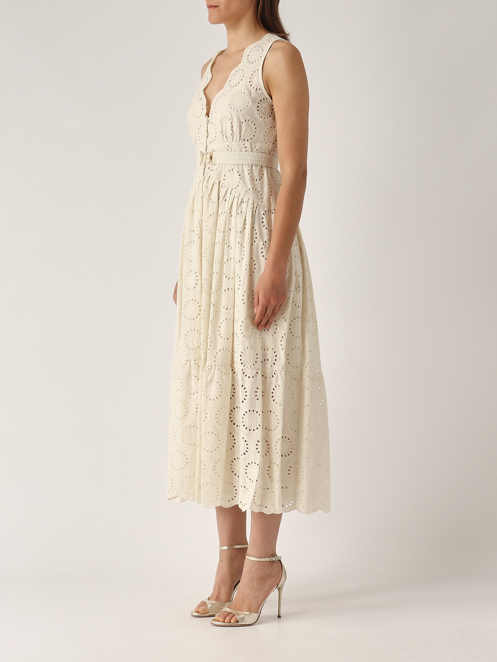 Twinset White Long Dress With V-neck And Waist Belt With Metallic Logo Plaque In Cotton Woman In Neutral