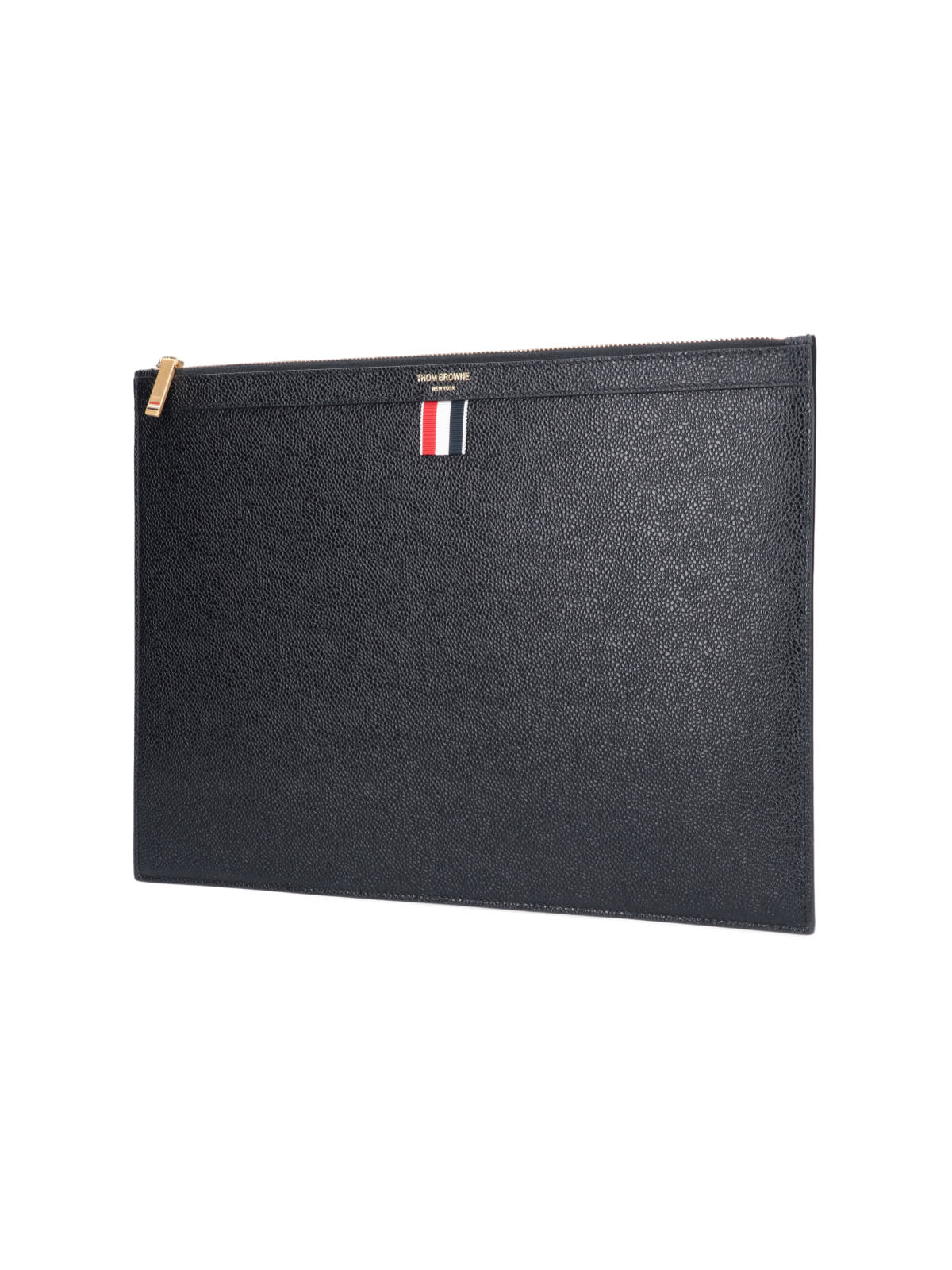Thom Browne Rectangular Pouch In Hammered Black Leather In Black