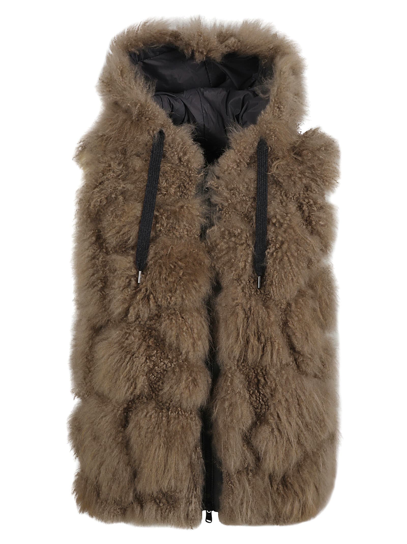 Brunello Cucinelli Faux Fur Hooded Vest W/ Monili Trim In Visone