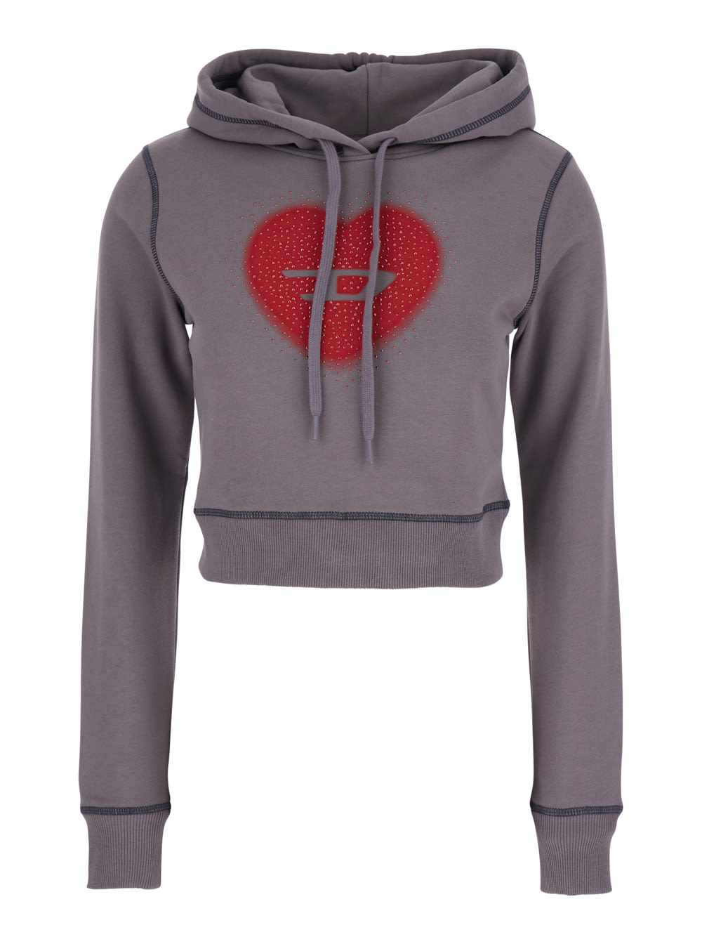 Diesel Grey Cropped Hoodie With Drawstring Hood And Rhinestoned Heart On The Front In Cotton Woman